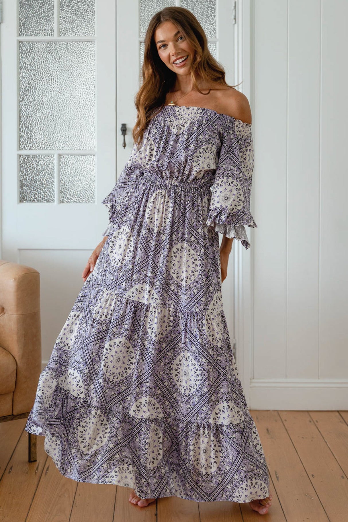 Teegan Maxi Dress - Off Shoulder Scarf Sleeve Maxi Dress in Lilac Lullaby Print