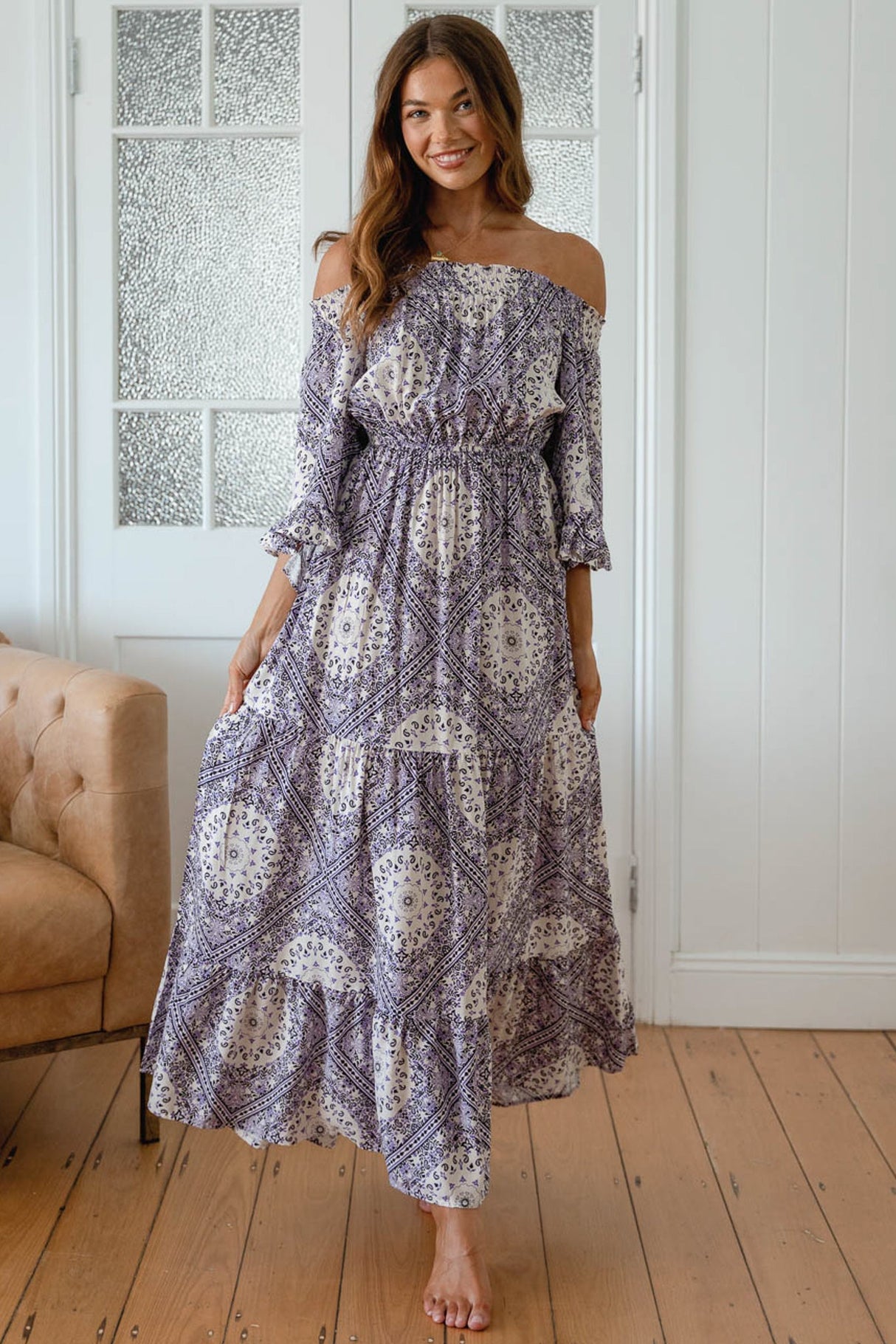 Teegan Maxi Dress - Off Shoulder Scarf Sleeve Maxi Dress in Lilac Lullaby Print