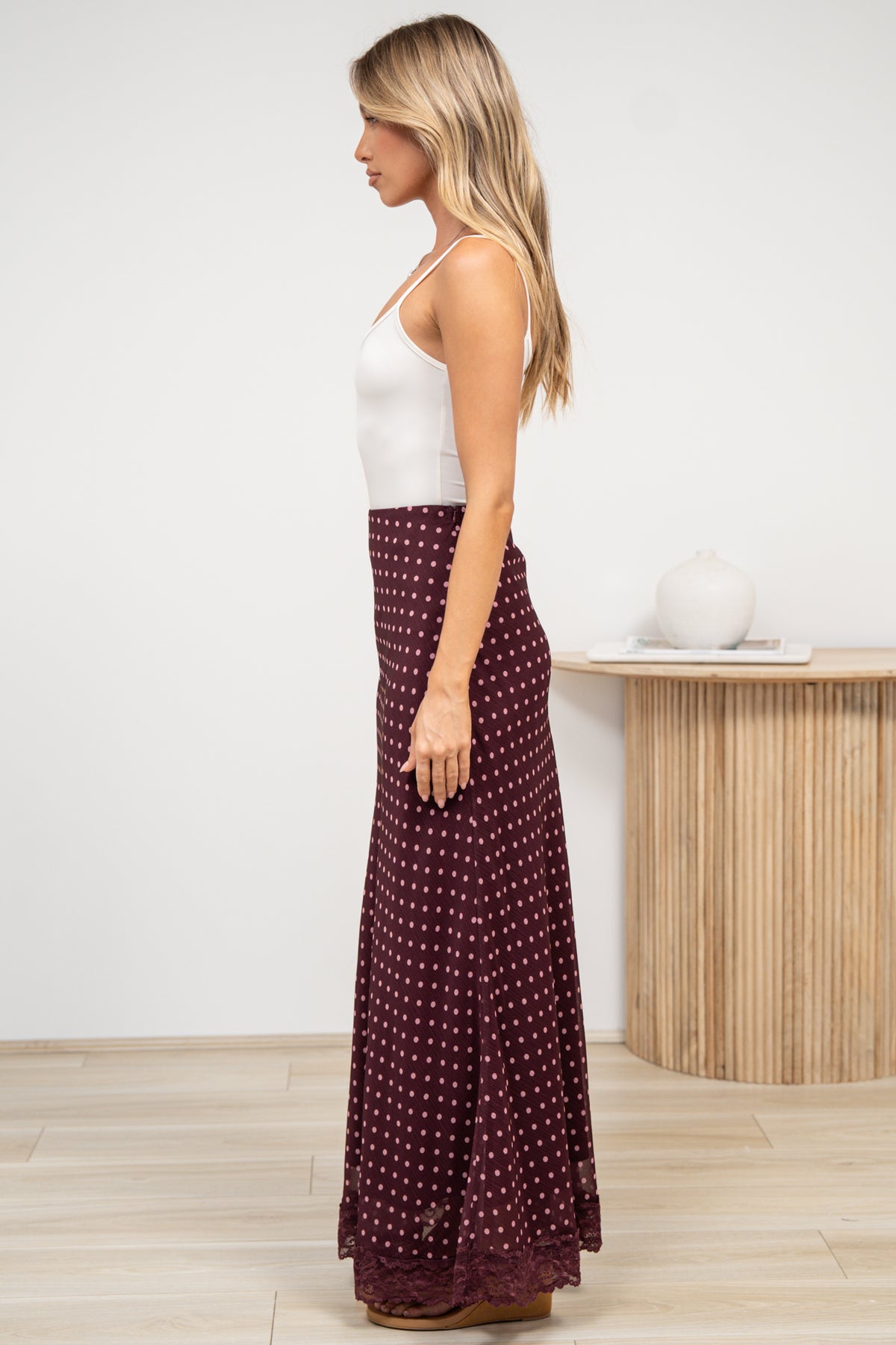 Tellina Maxi Skirt - High Waisted Bias-Cut Maxi Skirt with Lace Trimmed Hem in Wine Polka Dot