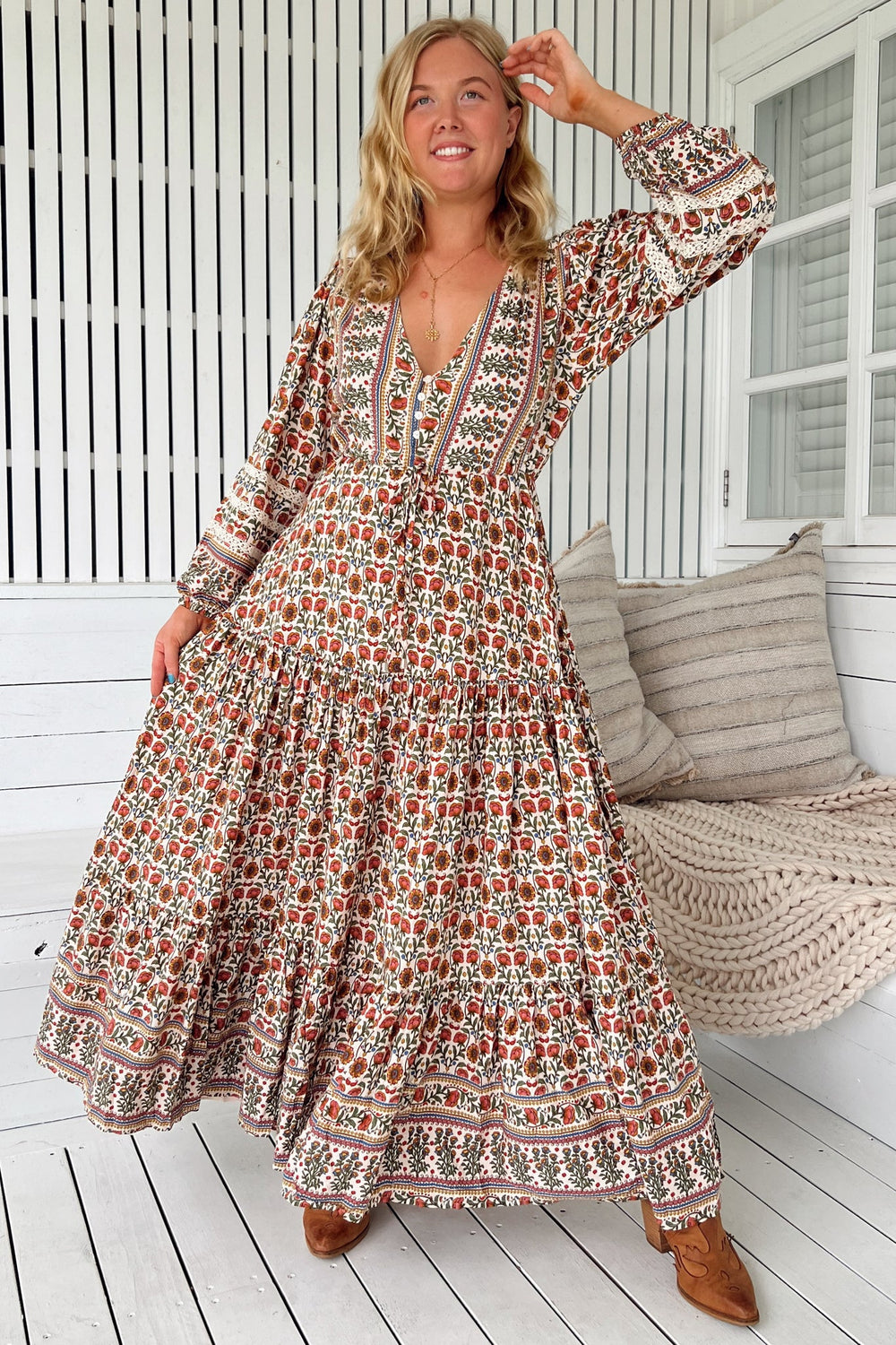 JAASE - Teresa Lace Maxi Dress: A Line Dress with Long Balloon Sleeves in Harlowe Print