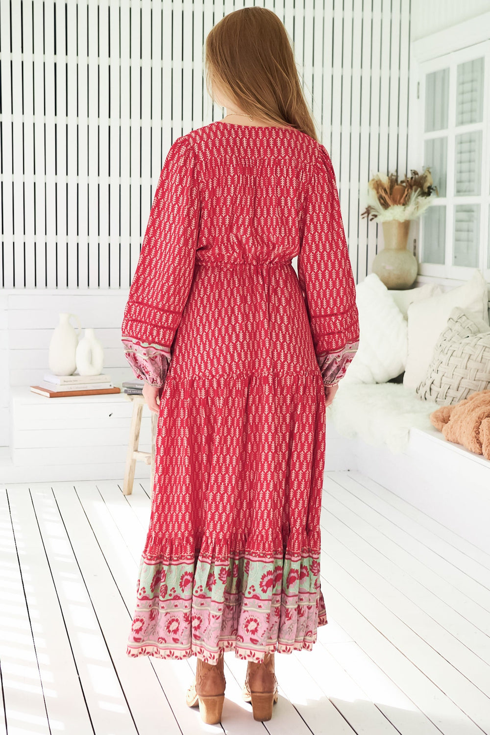 Teresa Ladder Lace Maxi Dress - A Line Dress with Long Balloon Sleeves in Zelie Print