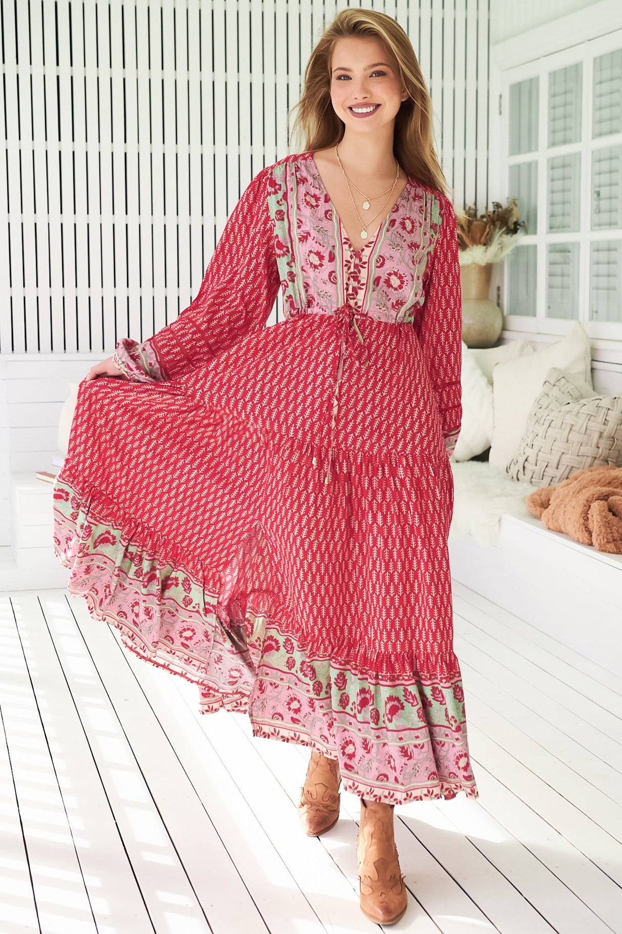 Teresa Ladder Lace Maxi Dress - A Line Dress with Long Balloon Sleeves in Zelie Print