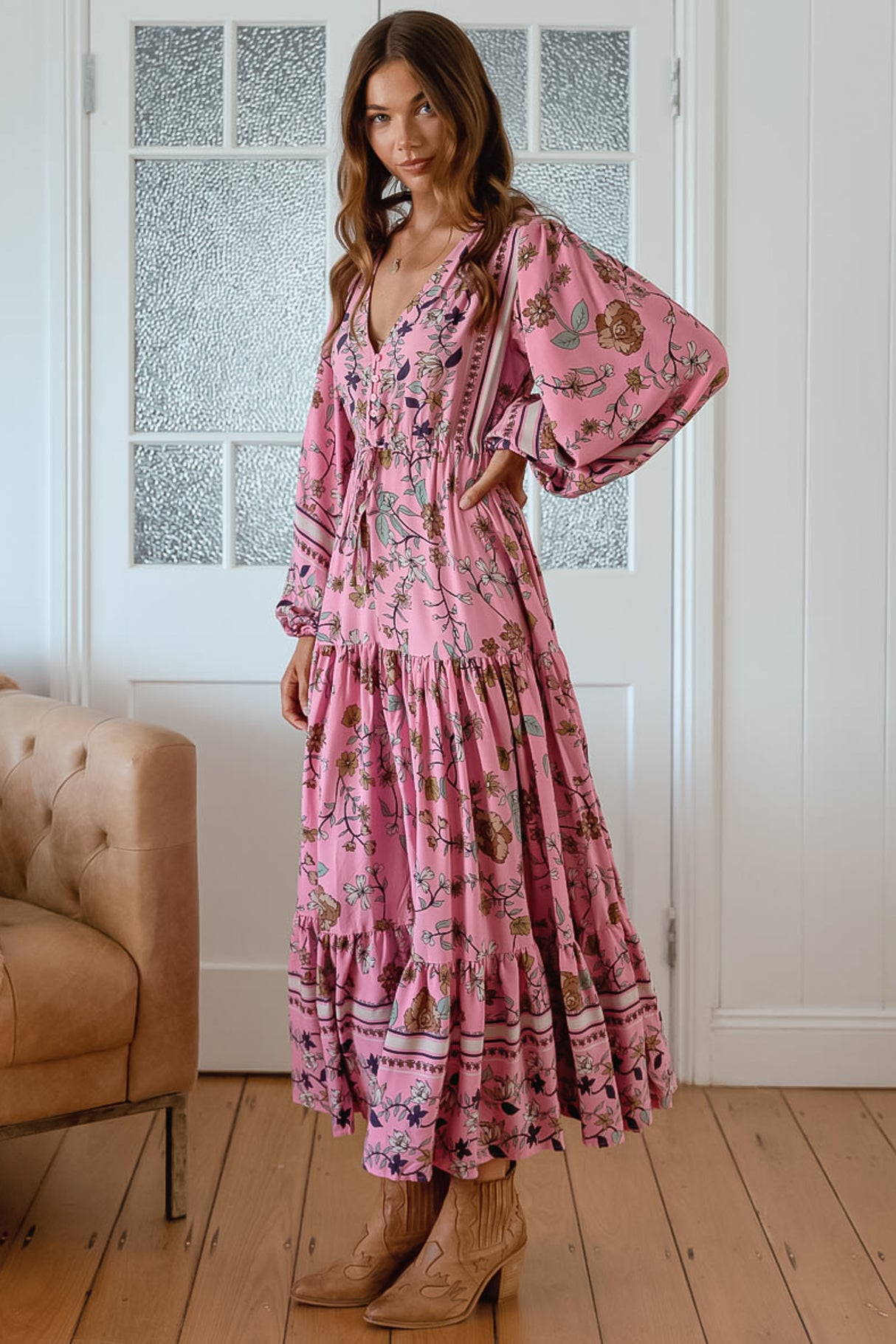 JAASE - Teresa Maxi Dress: A Line Dress with Long Balloon Sleeves in Elara Print