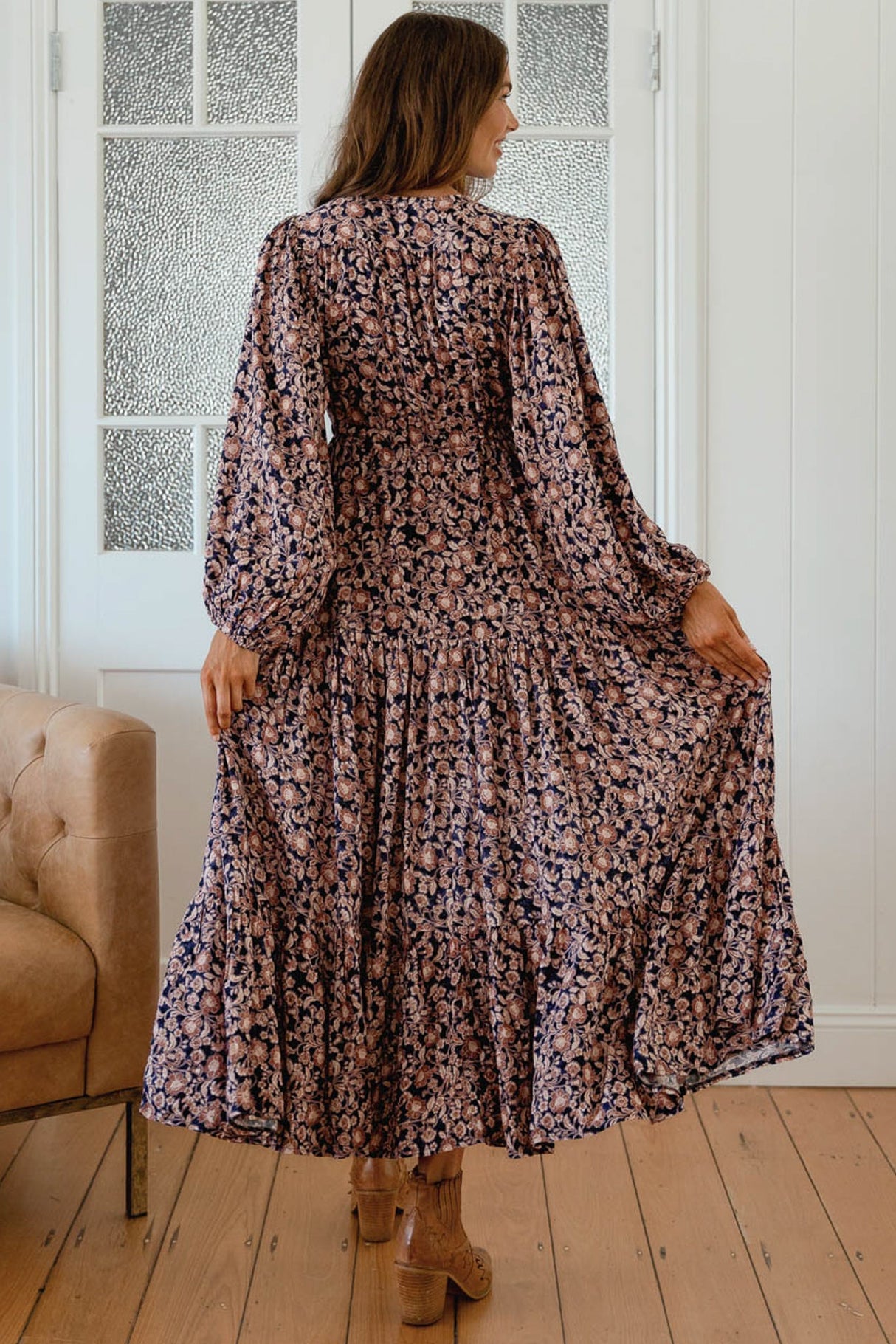 JAASE - Teresa Maxi Dress: A Line Dress with Long Balloon Sleeves in Midnight Meadow Print