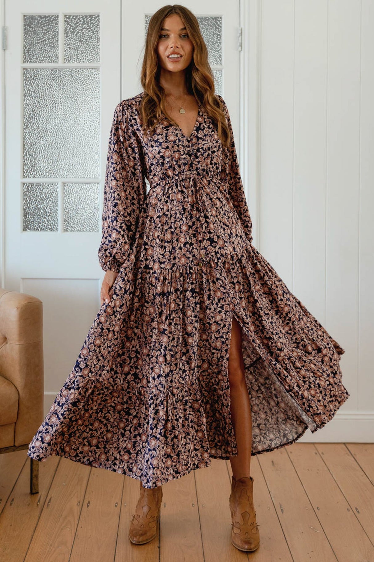 JAASE - Teresa Maxi Dress: A Line Dress with Long Balloon Sleeves in Midnight Meadow Print
