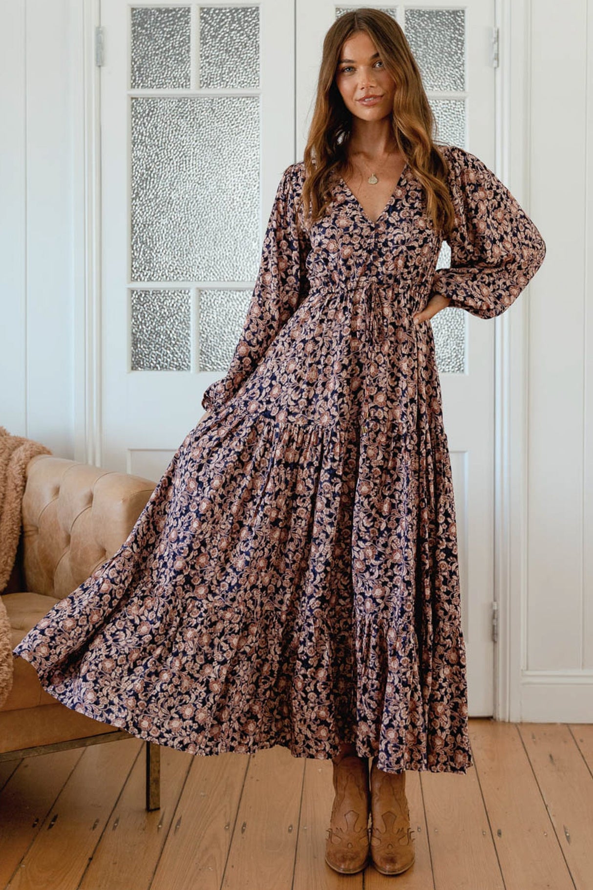 JAASE - Teresa Maxi Dress: A Line Dress with Long Balloon Sleeves in Midnight Meadow Print
