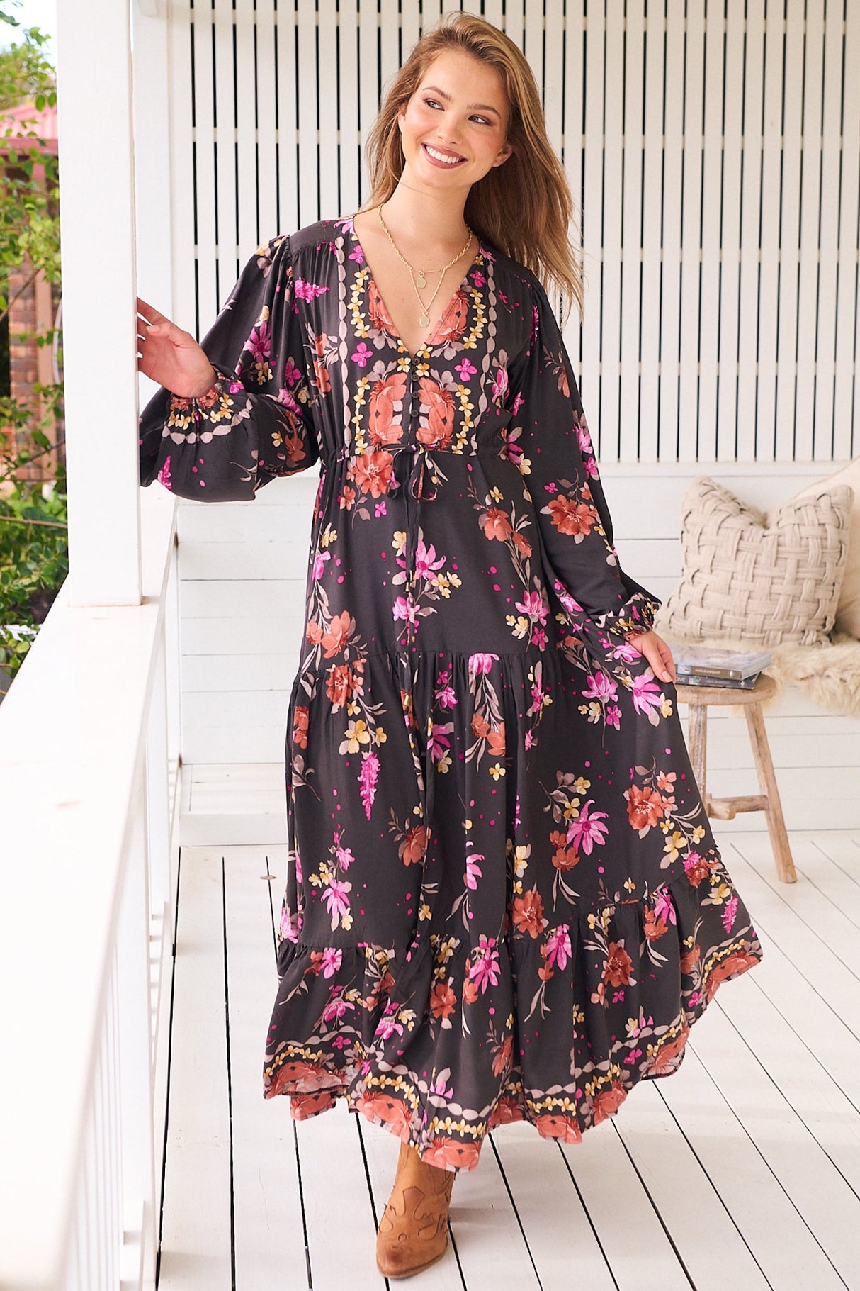 Teresa Maxi Dress - A Line Dress with Long Balloon Sleeves in Monarch Bloom Print