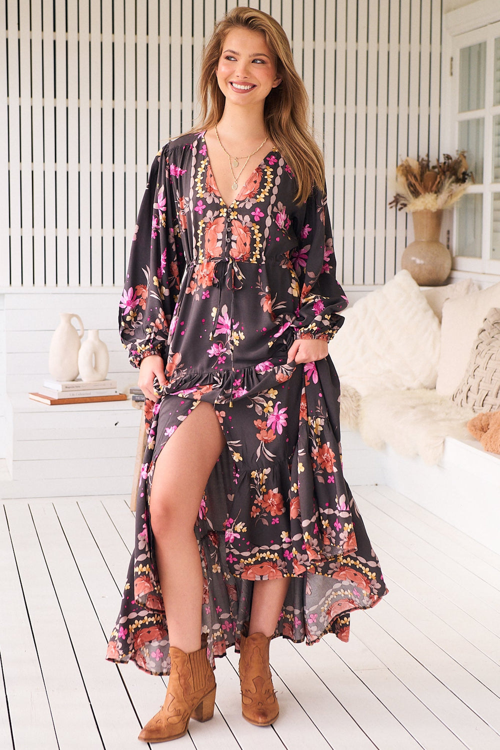 Teresa Maxi Dress - A Line Dress with Long Balloon Sleeves in Monarch Bloom Print