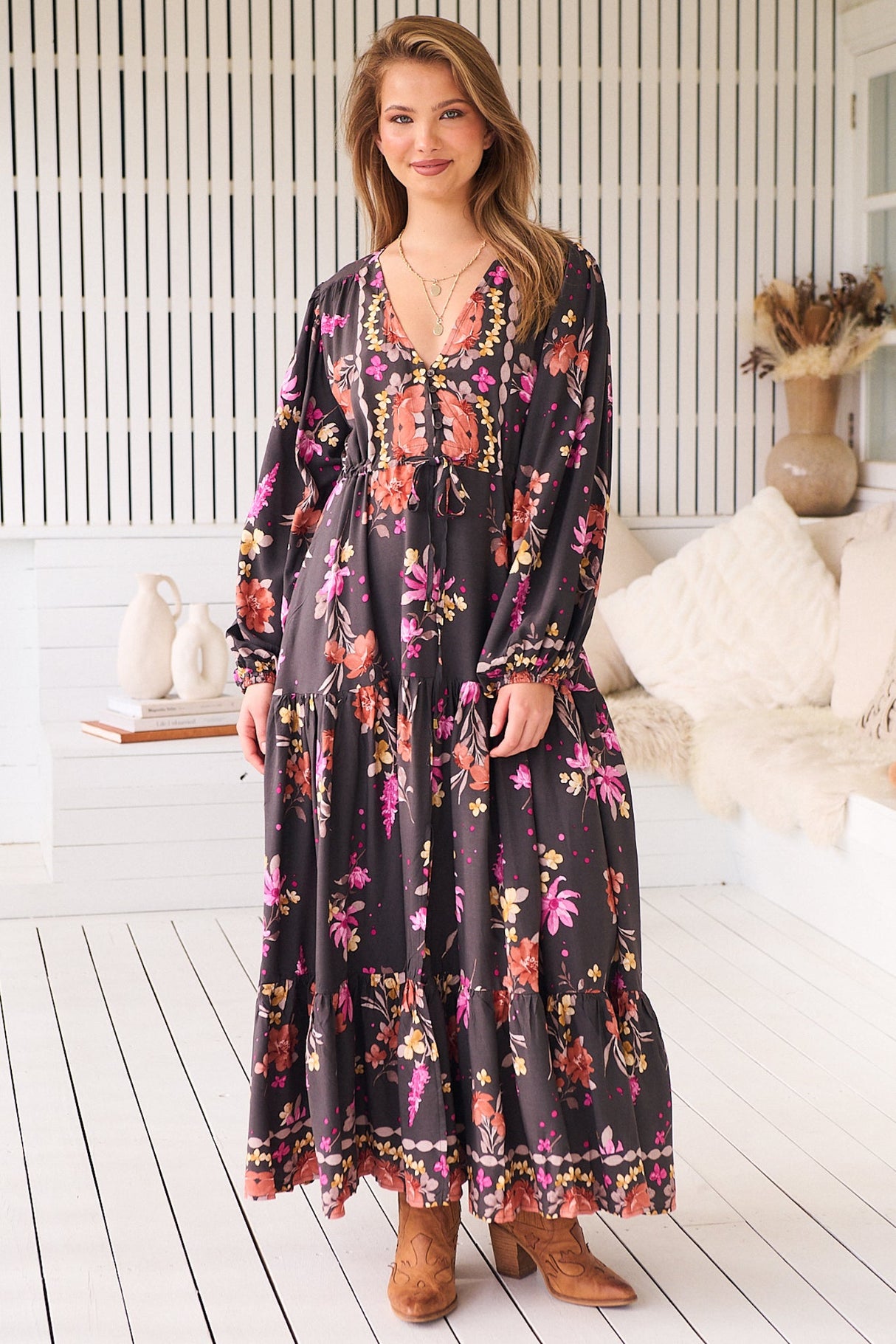 Teresa Maxi Dress - A Line Dress with Long Balloon Sleeves in Monarch Bloom Print