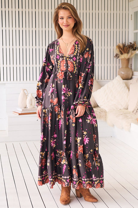 JAASE - Teresa Maxi Dress: A Line Dress with Long Balloon Sleeves in Monarch Bloom Print