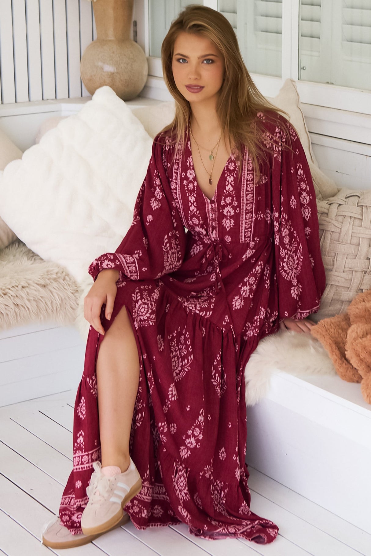 JAASE - Teresa Maxi Dress: A Line Dress with Long Balloon Sleeves in Rhubarb Kiva Print