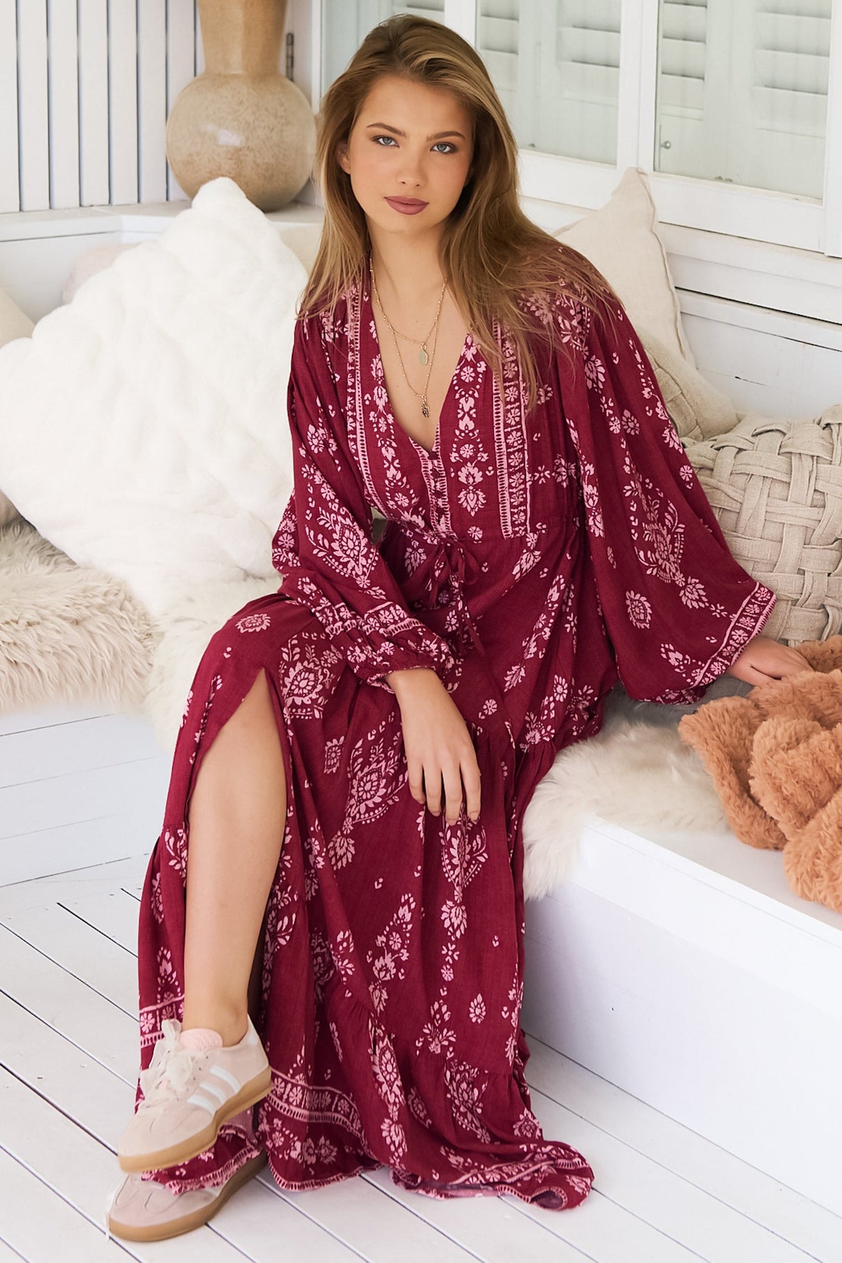 JAASE - Teresa Maxi Dress: A Line Dress with Long Balloon Sleeves in Rhubarb Kiva Print