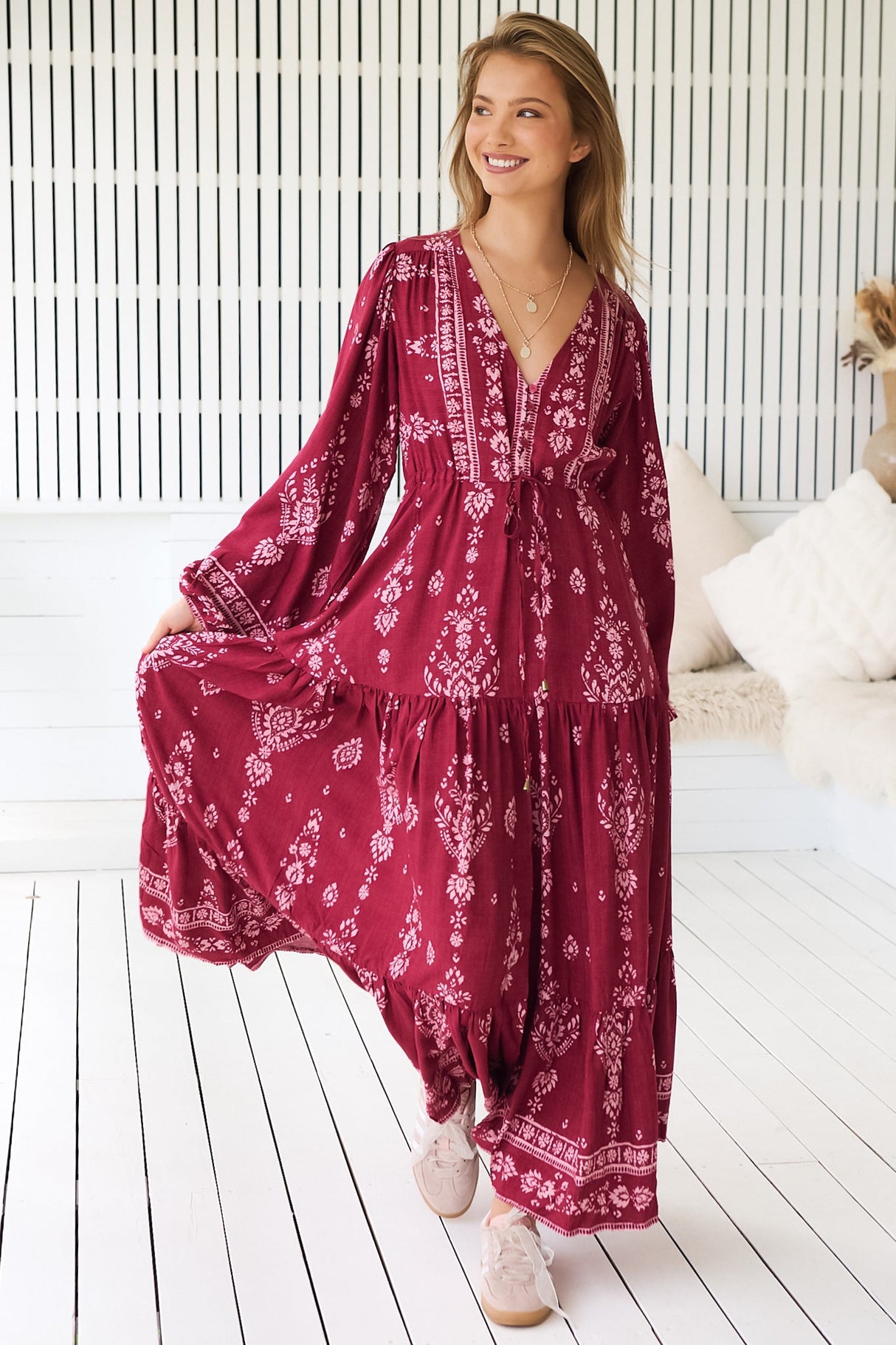 JAASE - Teresa Maxi Dress: A Line Dress with Long Balloon Sleeves in Rhubarb Kiva Print