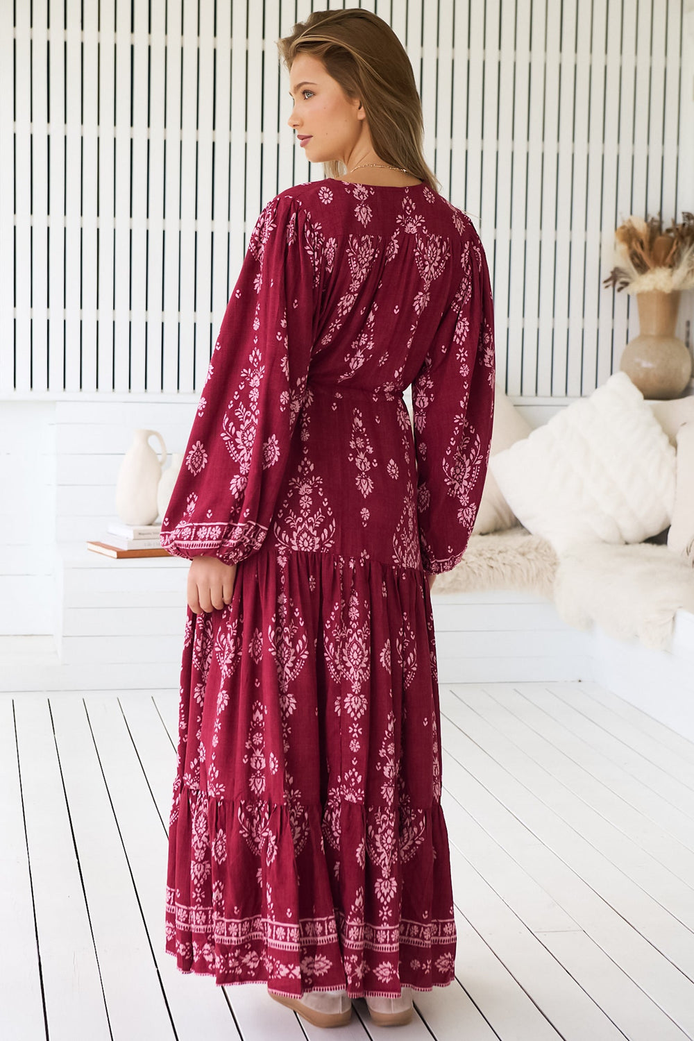 JAASE - Teresa Maxi Dress: A Line Dress with Long Balloon Sleeves in Rhubarb Kiva Print