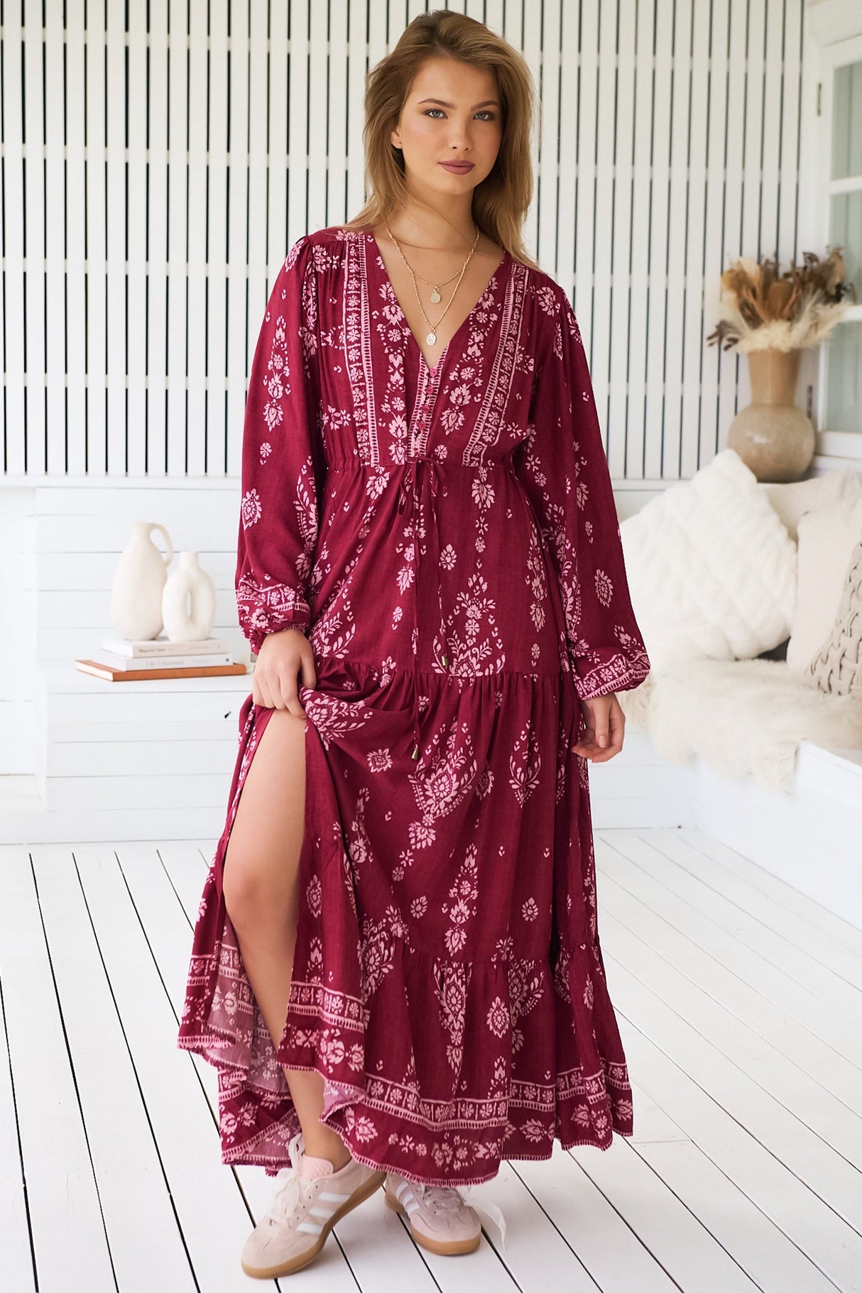 JAASE - Teresa Maxi Dress: A Line Dress with Long Balloon Sleeves in Rhubarb Kiva Print