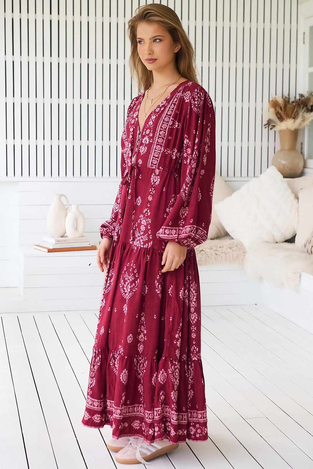 JAASE - Teresa Maxi Dress: A Line Dress with Long Balloon Sleeves in Rhubarb Kiva Print
