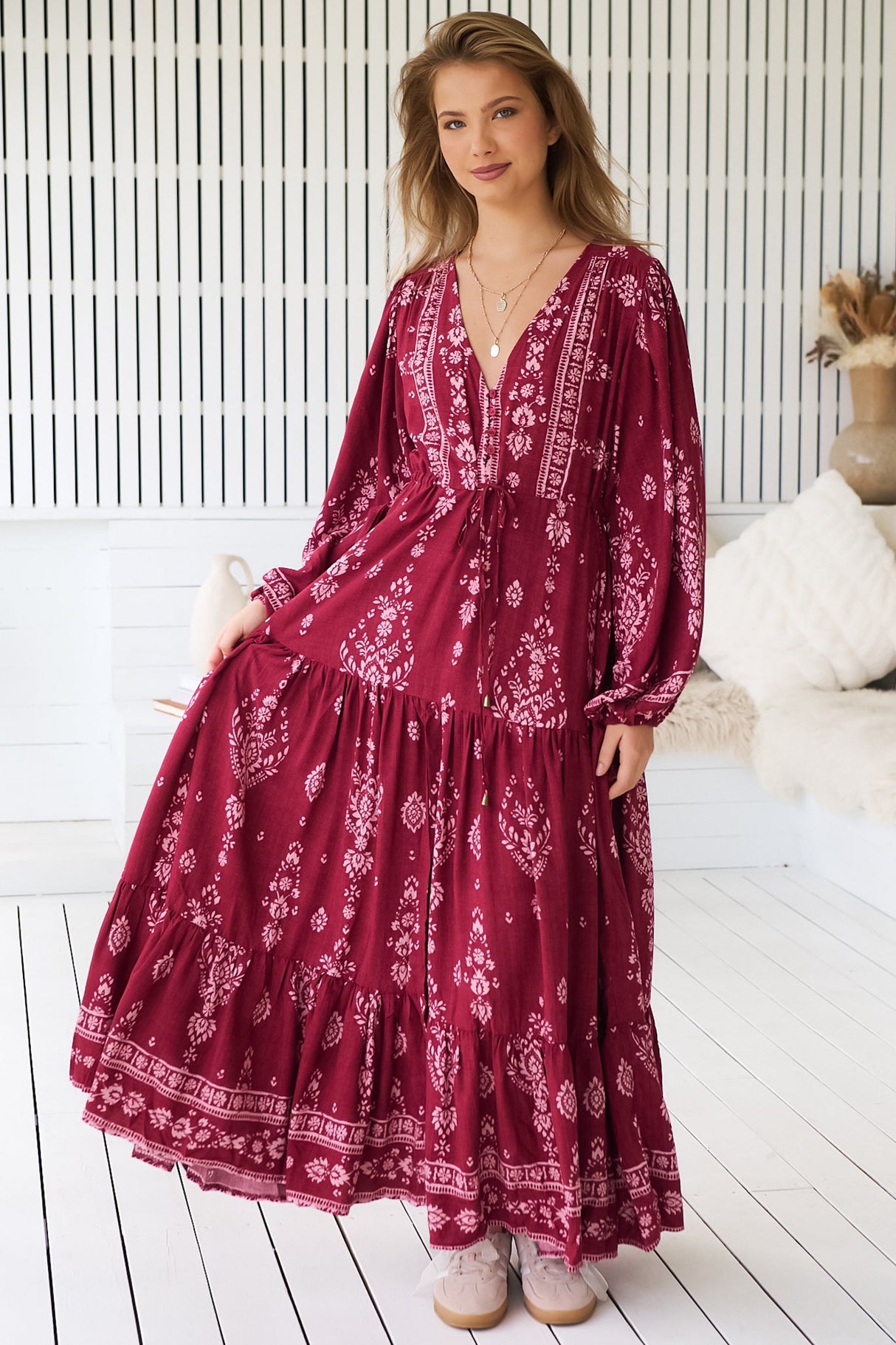 JAASE - Teresa Maxi Dress: A Line Dress with Long Balloon Sleeves in Rhubarb Kiva Print