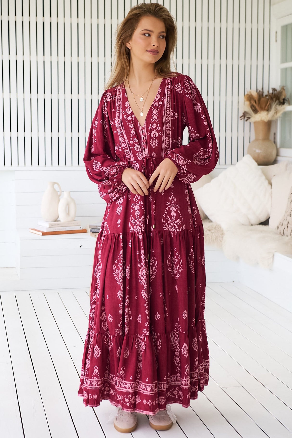JAASE - Teresa Maxi Dress: A Line Dress with Long Balloon Sleeves in Rhubarb Kiva Print