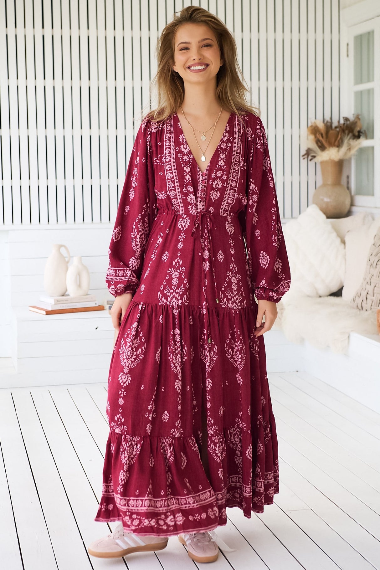 JAASE - Teresa Maxi Dress: A Line Dress with Long Balloon Sleeves in Rhubarb Kiva Print