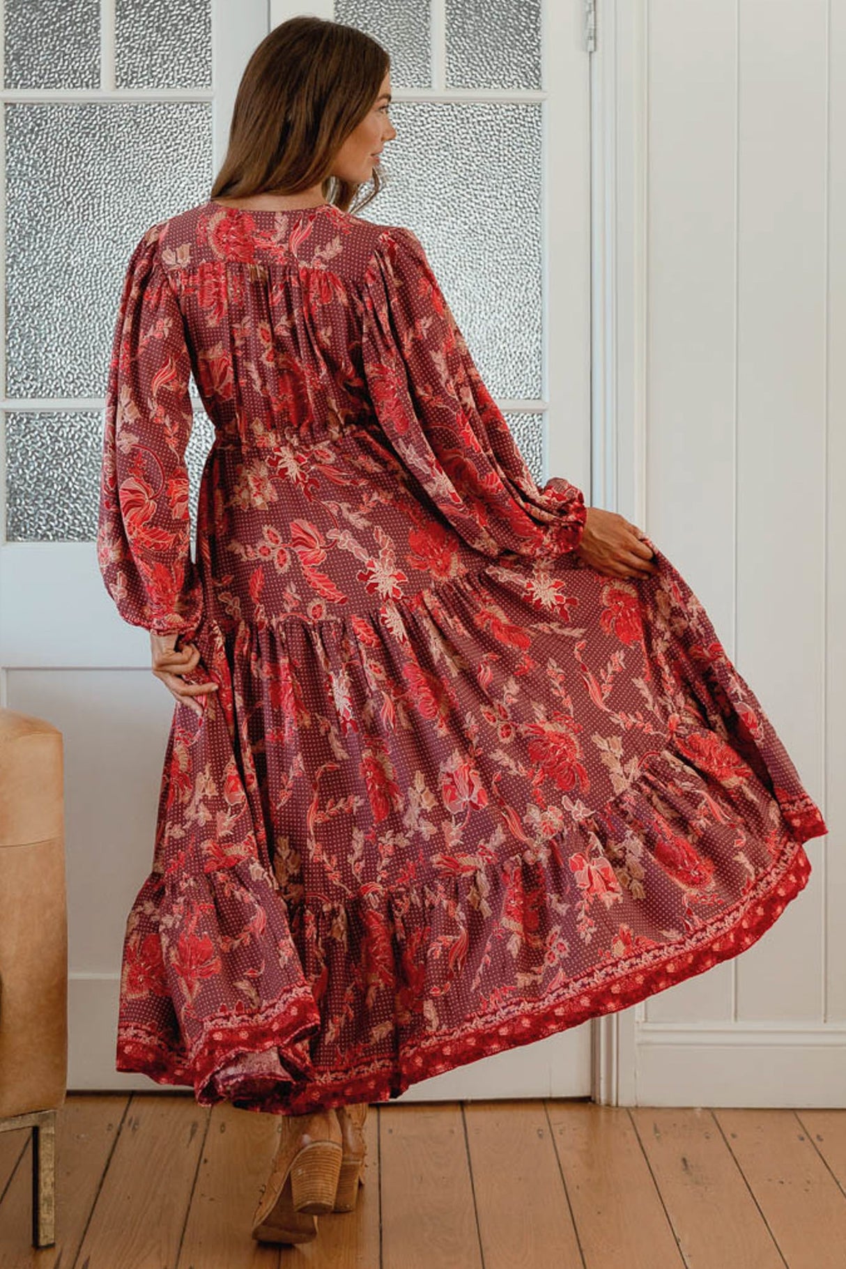 JAASE - Teresa Maxi Dress: A Line Dress with Long Balloon Sleeves in Ziggy Print