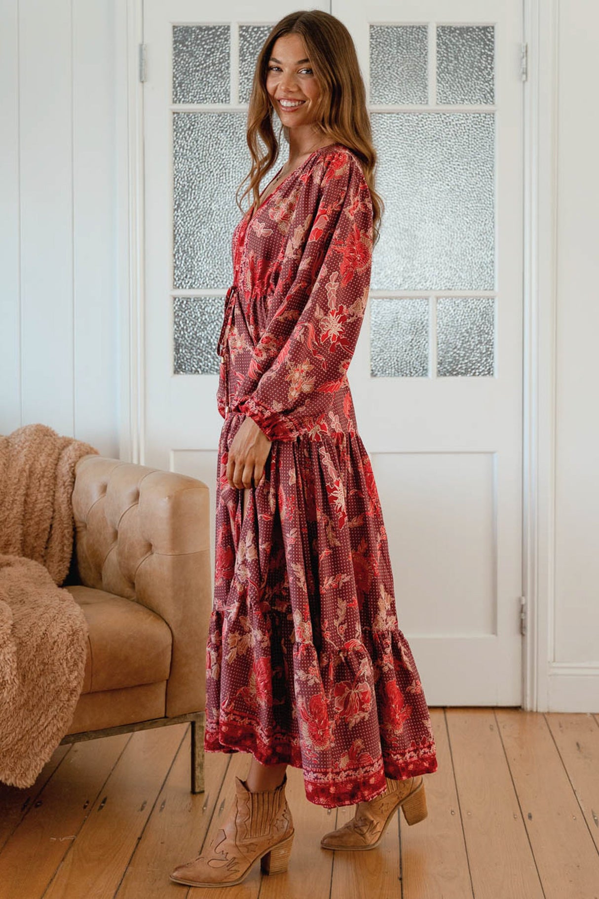 JAASE - Teresa Maxi Dress: A Line Dress with Long Balloon Sleeves in Ziggy Print
