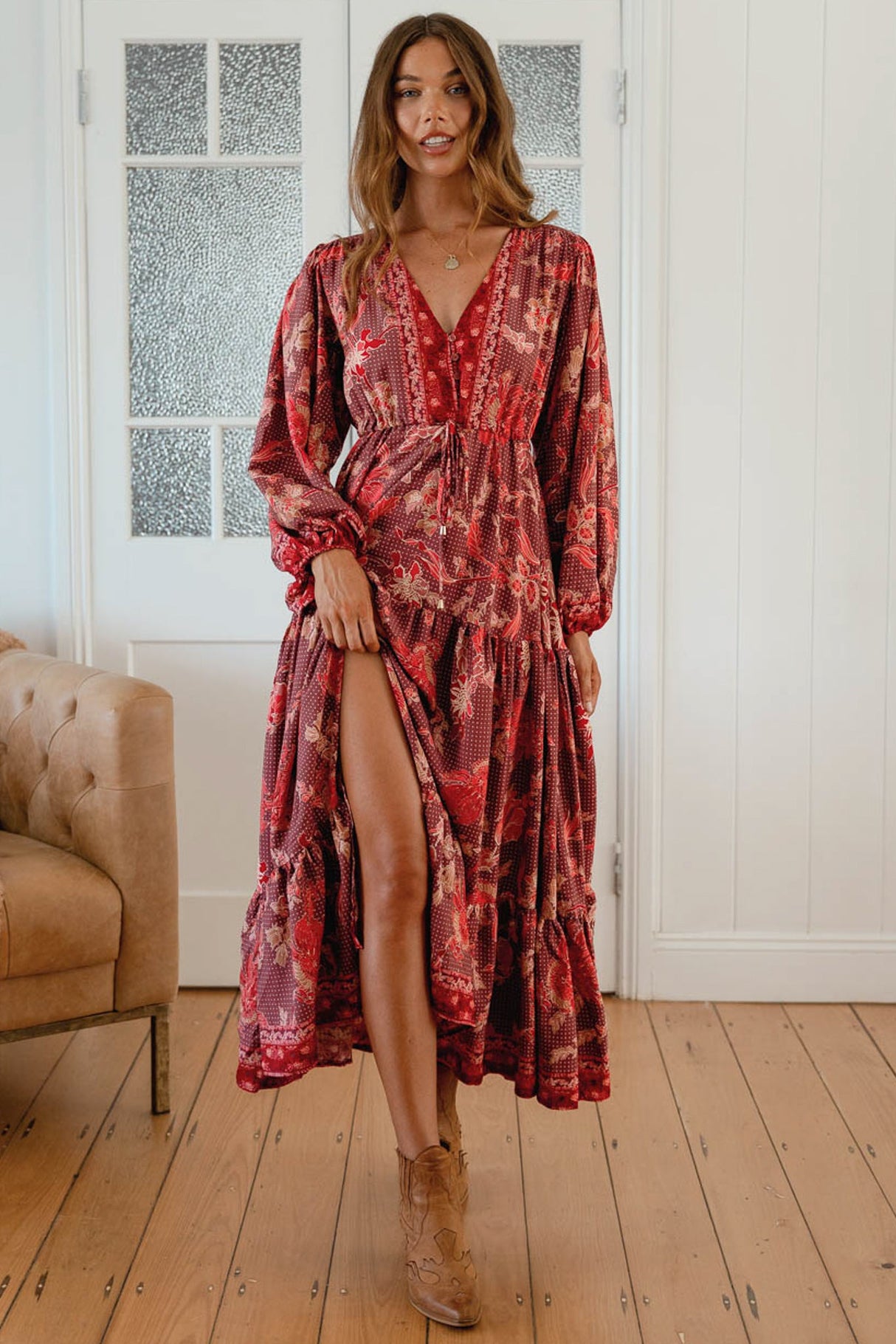 JAASE - Teresa Maxi Dress: A Line Dress with Long Balloon Sleeves in Ziggy Print