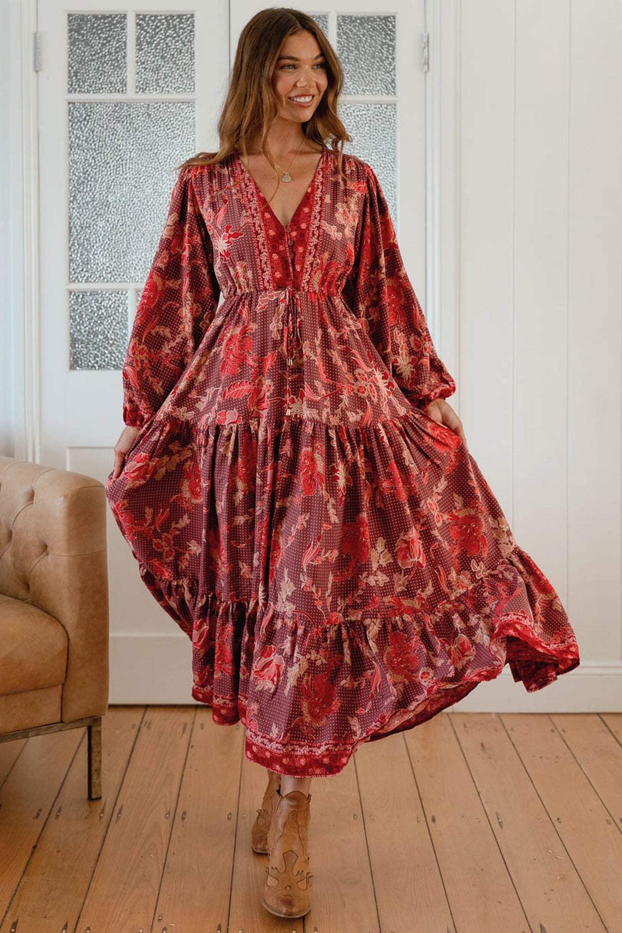JAASE - Teresa Maxi Dress: A Line Dress with Long Balloon Sleeves in Ziggy Print