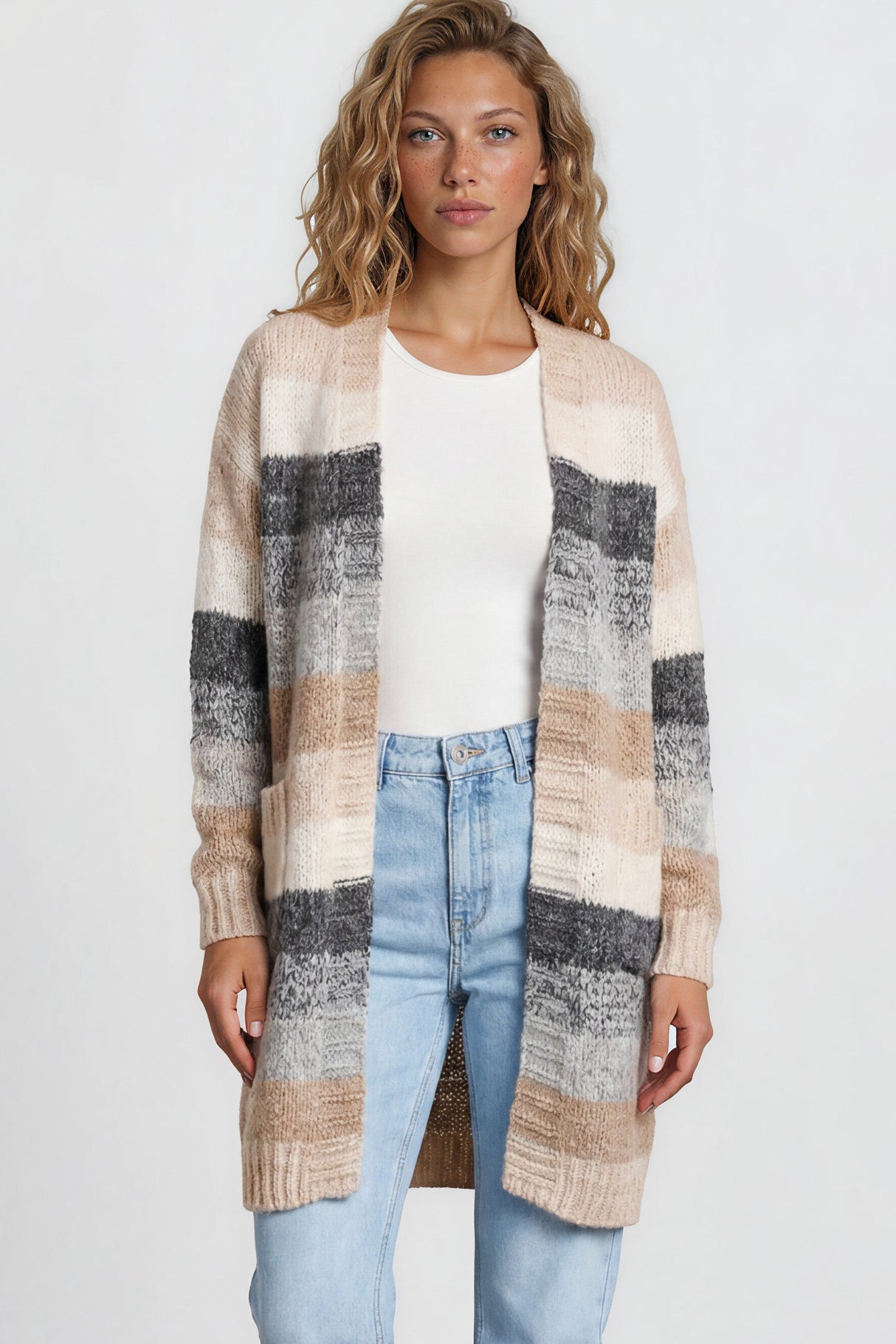 Model wearing Tess Cardigan in Beige from Salty Crush