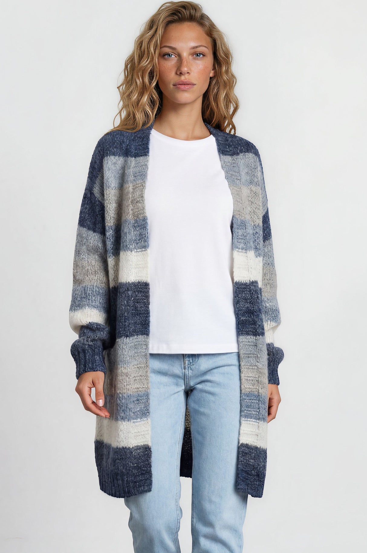 Model wearing Tess Cardigan in Blue from Salty Crush