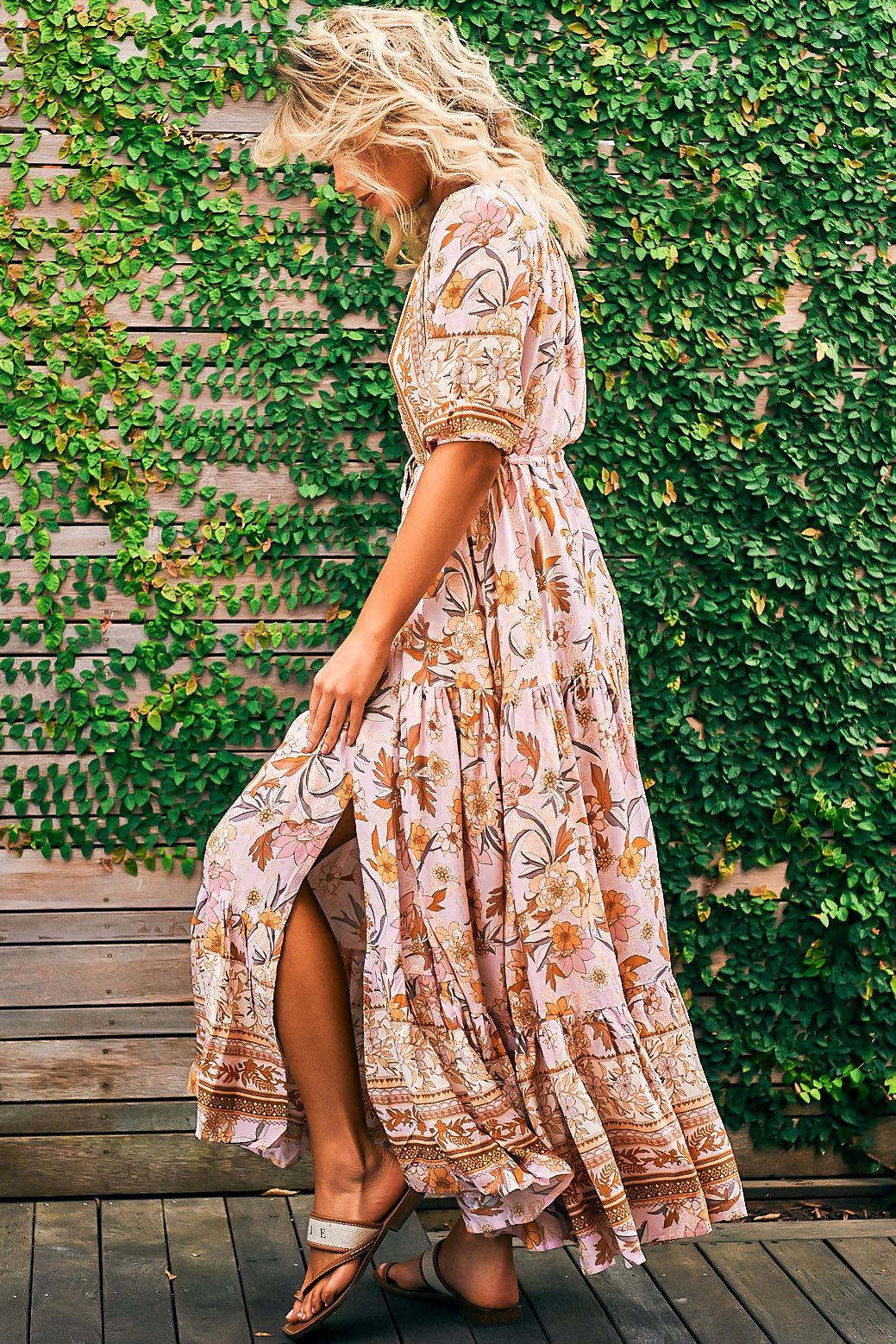 JAASE - Tessa Maxi Dress: A Line Pull Tie Waist Dress in Peach Dahlia Print