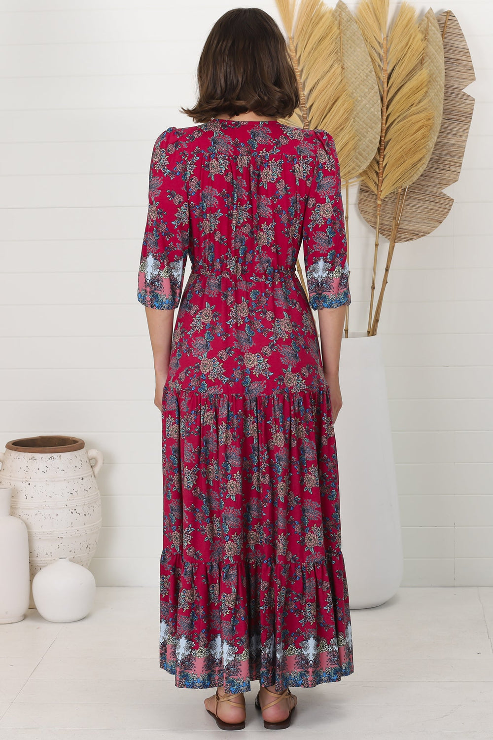 JAASE - Tessa Maxi Dress: A Line Pull Tie Waist Dress in Strawberry Kiss Print