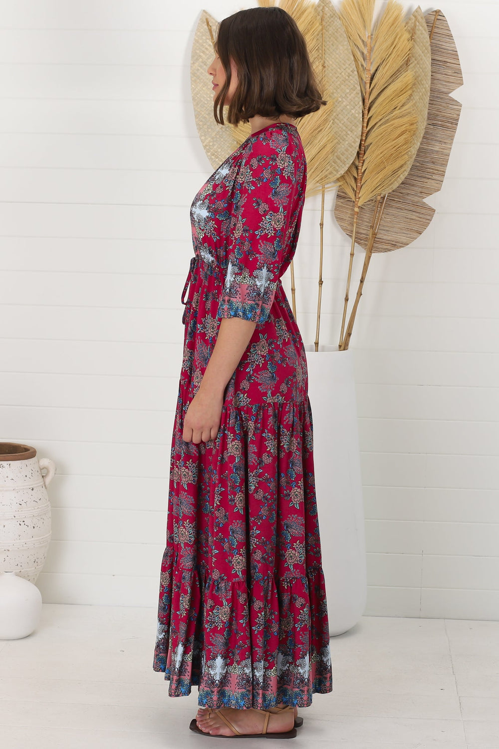 JAASE - Tessa Maxi Dress: A Line Pull Tie Waist Dress in Strawberry Kiss Print