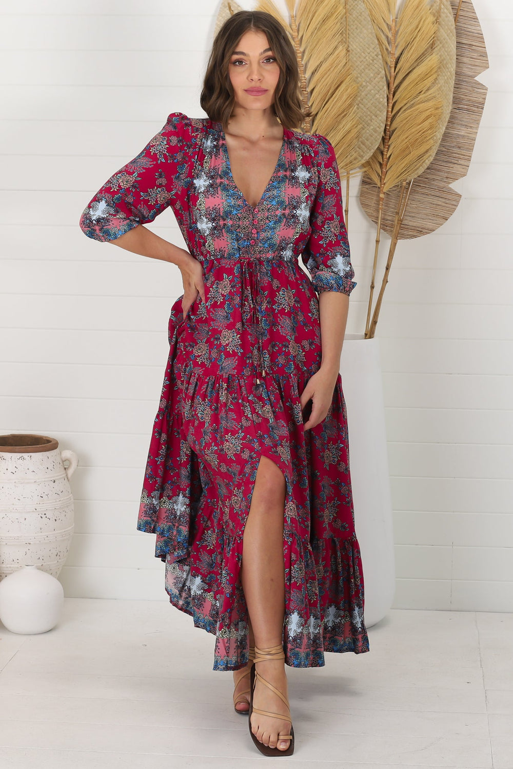 JAASE - Tessa Maxi Dress: A Line Pull Tie Waist Dress in Strawberry Kiss Print