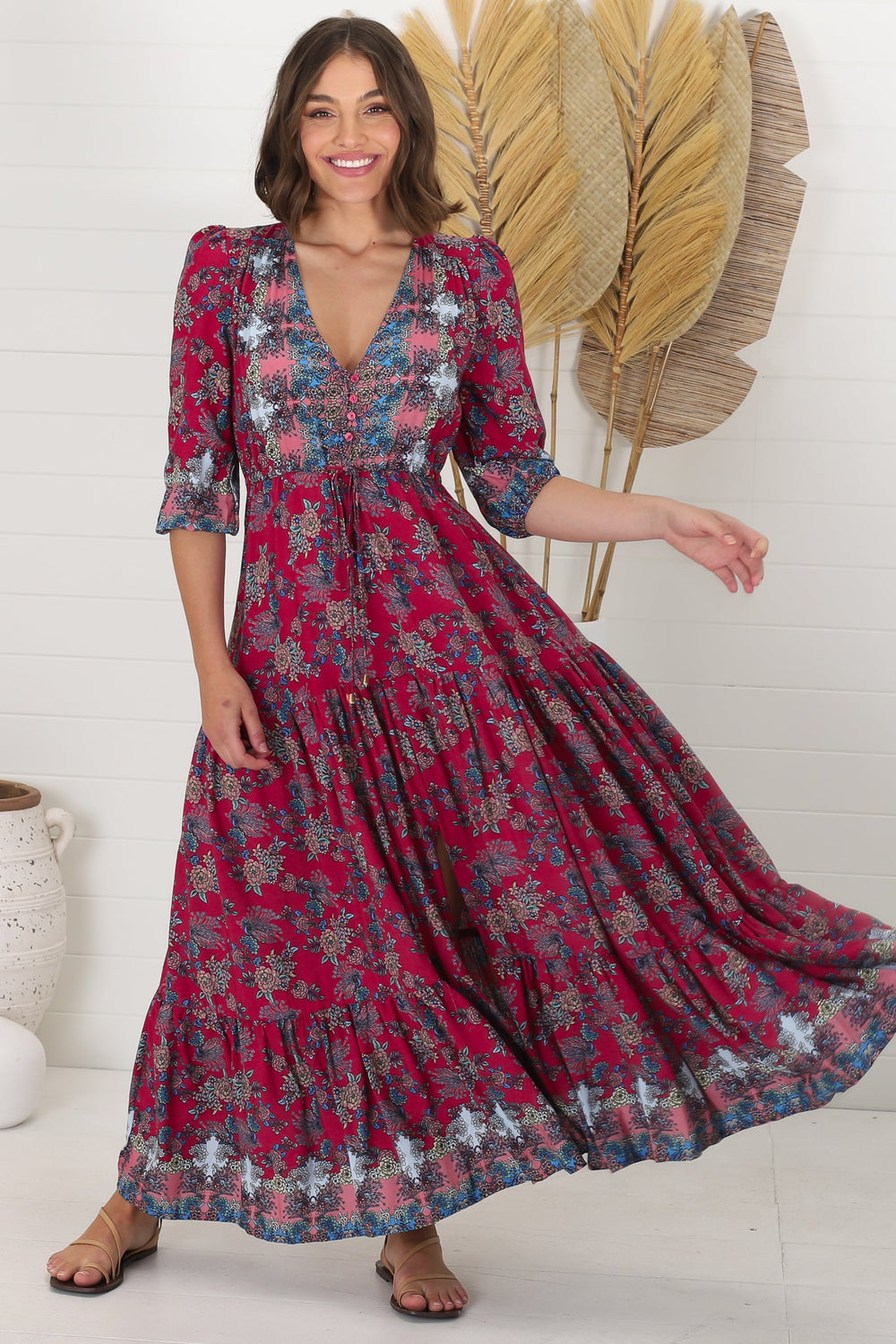 JAASE - Tessa Maxi Dress: A Line Pull Tie Waist Dress in Strawberry Kiss Print