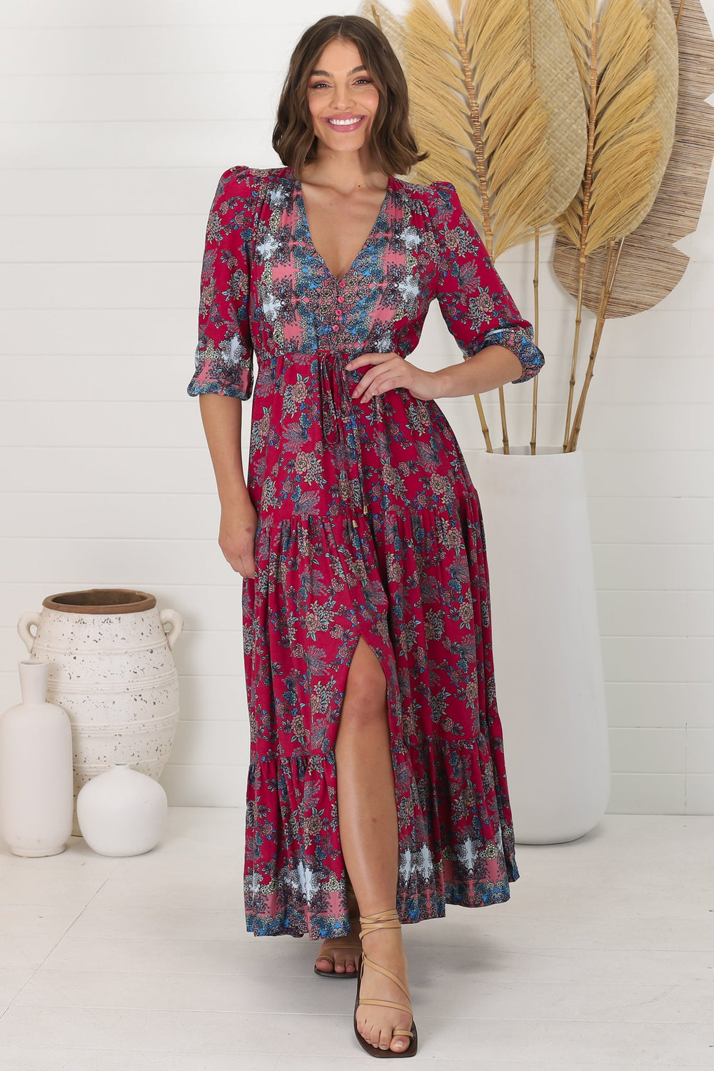 JAASE - Tessa Maxi Dress: A Line Pull Tie Waist Dress in Strawberry Kiss Print