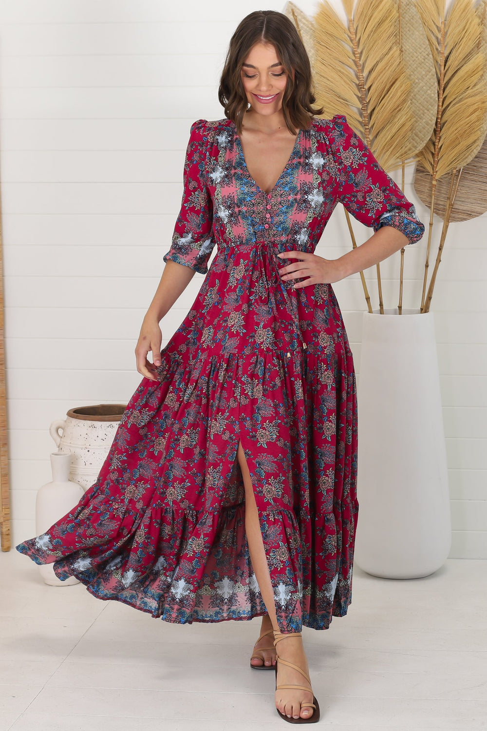 JAASE - Tessa Maxi Dress: A Line Pull Tie Waist Dress in Strawberry Kiss Print