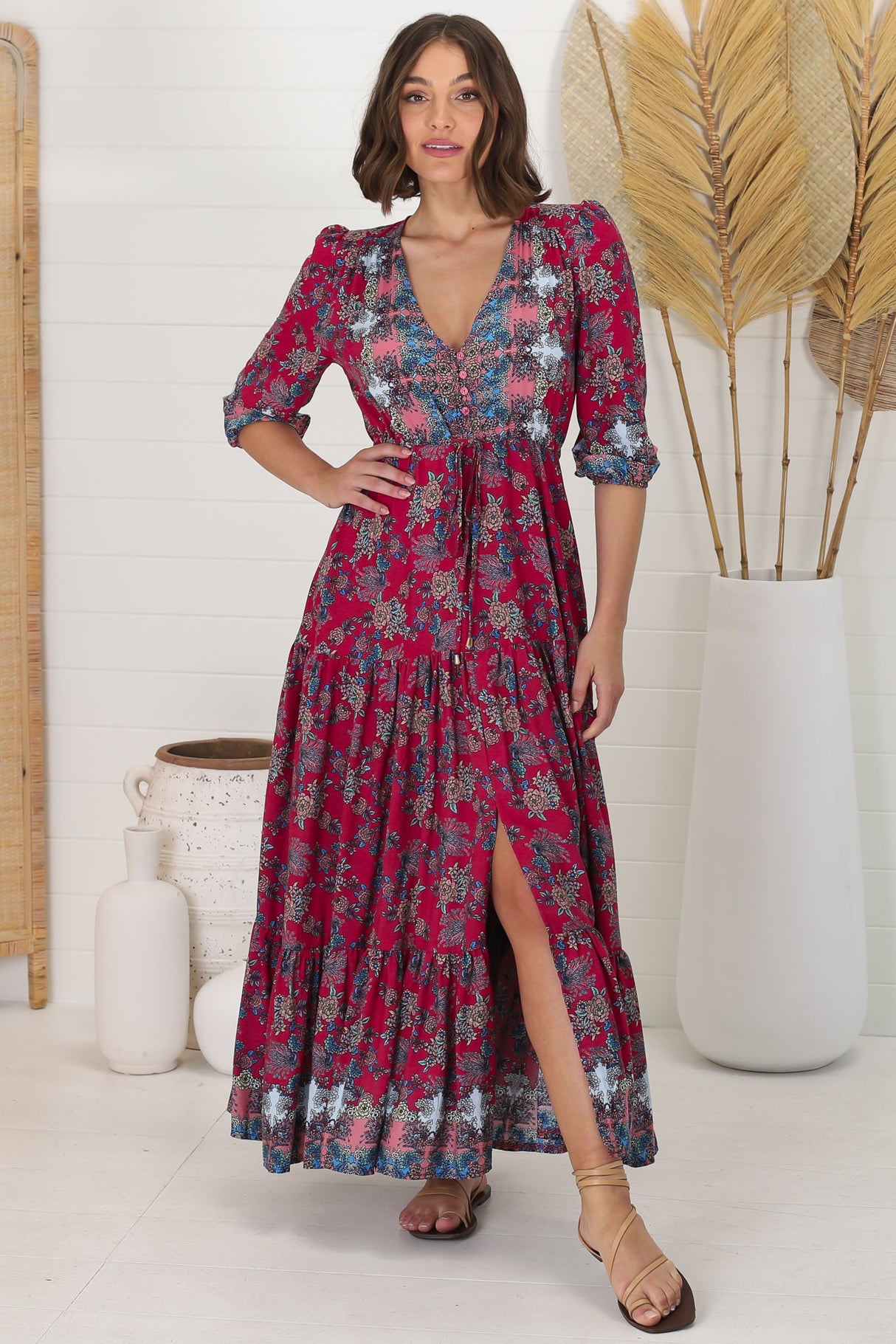 JAASE - Tessa Maxi Dress: A Line Pull Tie Waist Dress in Strawberry Kiss Print