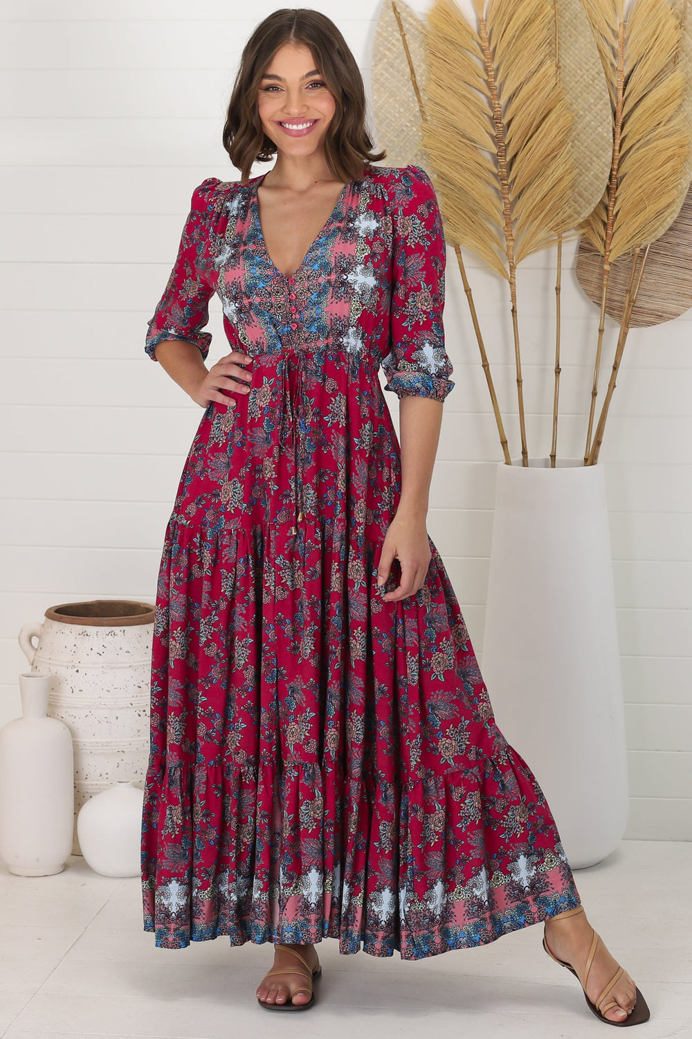 JAASE - Tessa Maxi Dress: A Line Pull Tie Waist Dress in Strawberry Kiss Print