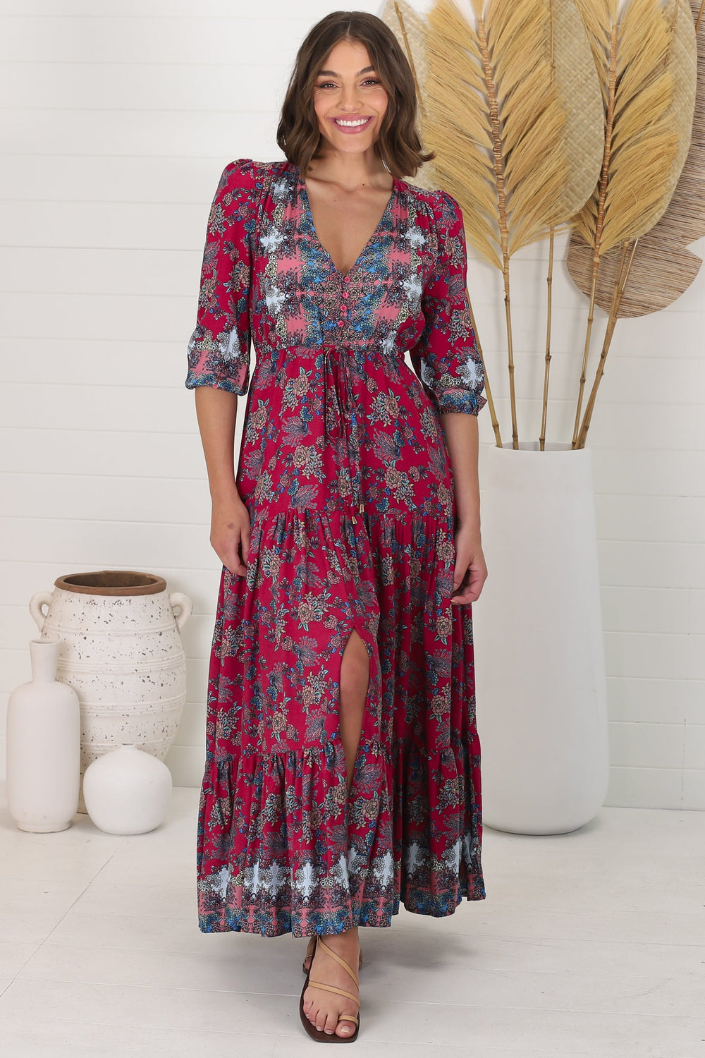 JAASE - Tessa Maxi Dress: A Line Pull Tie Waist Dress in Strawberry Kiss Print
