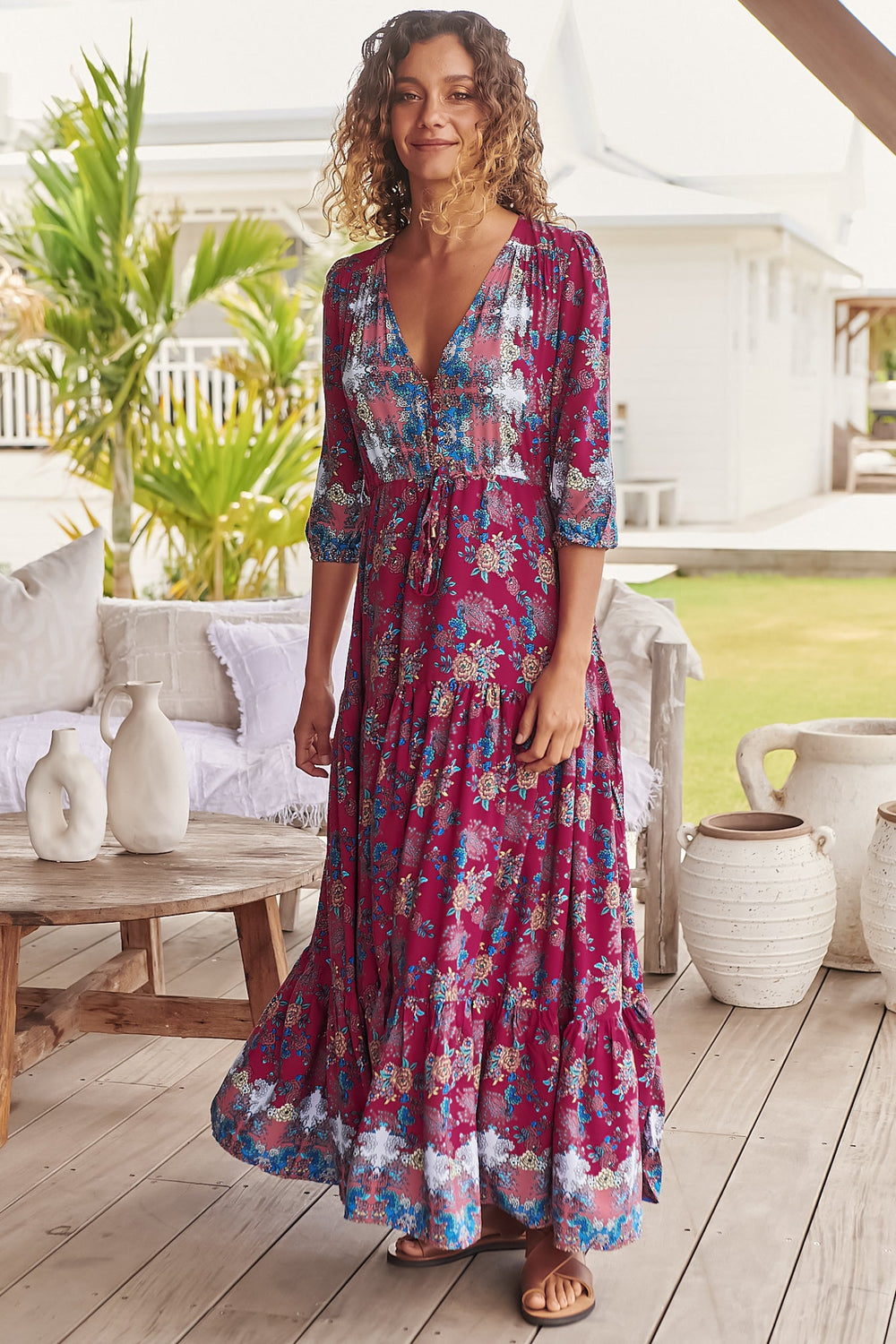 JAASE - Tessa Maxi Dress: A Line Pull Tie Waist Dress in Strawberry Kiss Print