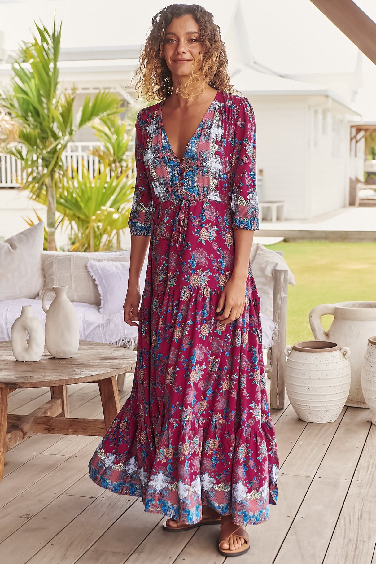 JAASE - Tessa Maxi Dress: A Line Pull Tie Waist Dress in Strawberry Kiss Print