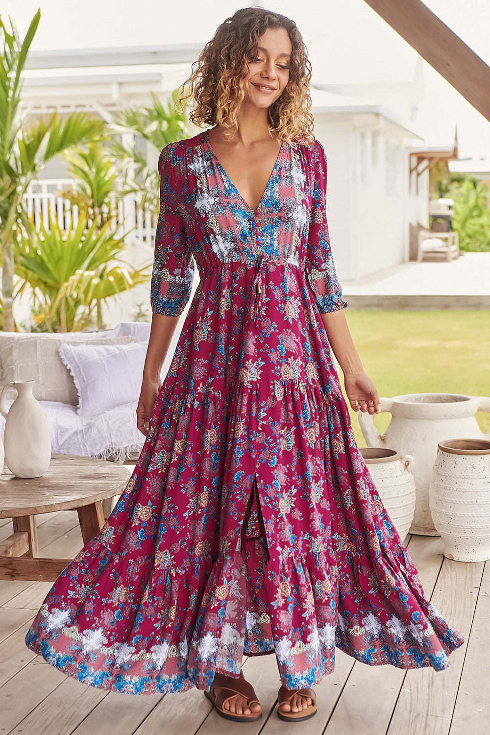 JAASE - Tessa Maxi Dress: A Line Pull Tie Waist Dress in Strawberry Kiss Print