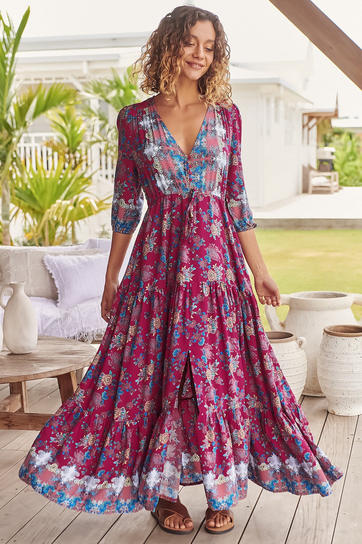 JAASE - Tessa Maxi Dress: A Line Pull Tie Waist Dress in Strawberry Kiss Print