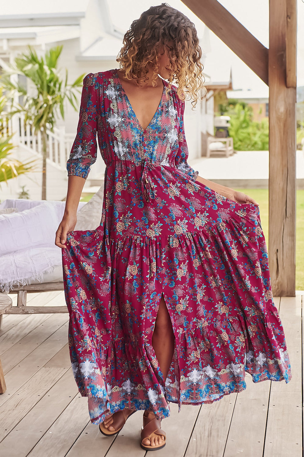 JAASE - Tessa Maxi Dress: A Line Pull Tie Waist Dress in Strawberry Kiss Print
