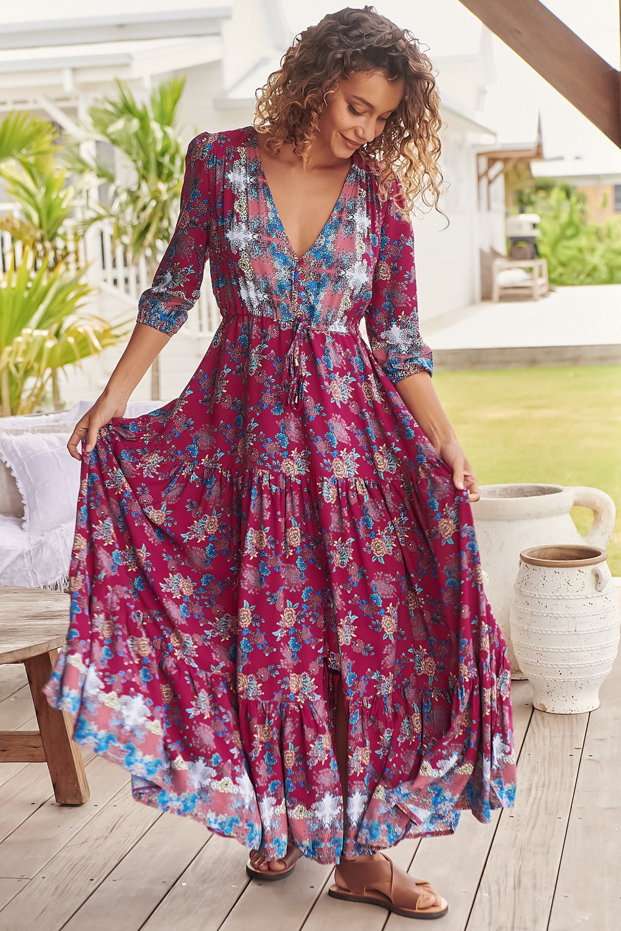 JAASE - Tessa Maxi Dress: A Line Pull Tie Waist Dress in Strawberry Kiss Print