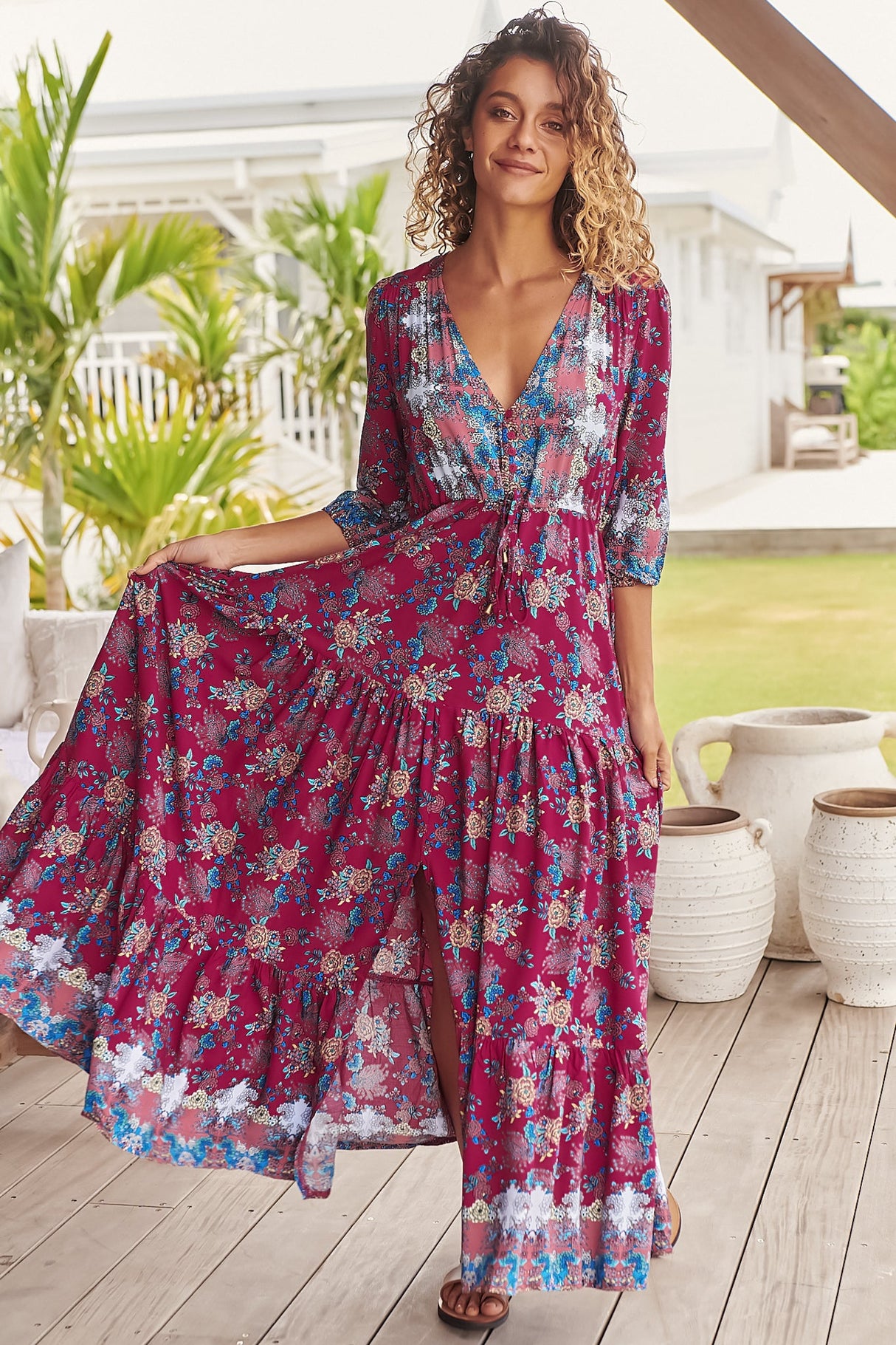 JAASE - Tessa Maxi Dress: A Line Pull Tie Waist Dress in Strawberry Kiss Print