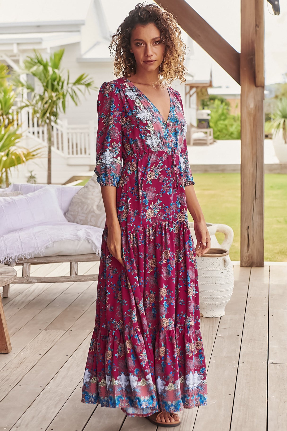 JAASE - Tessa Maxi Dress: A Line Pull Tie Waist Dress in Strawberry Kiss Print