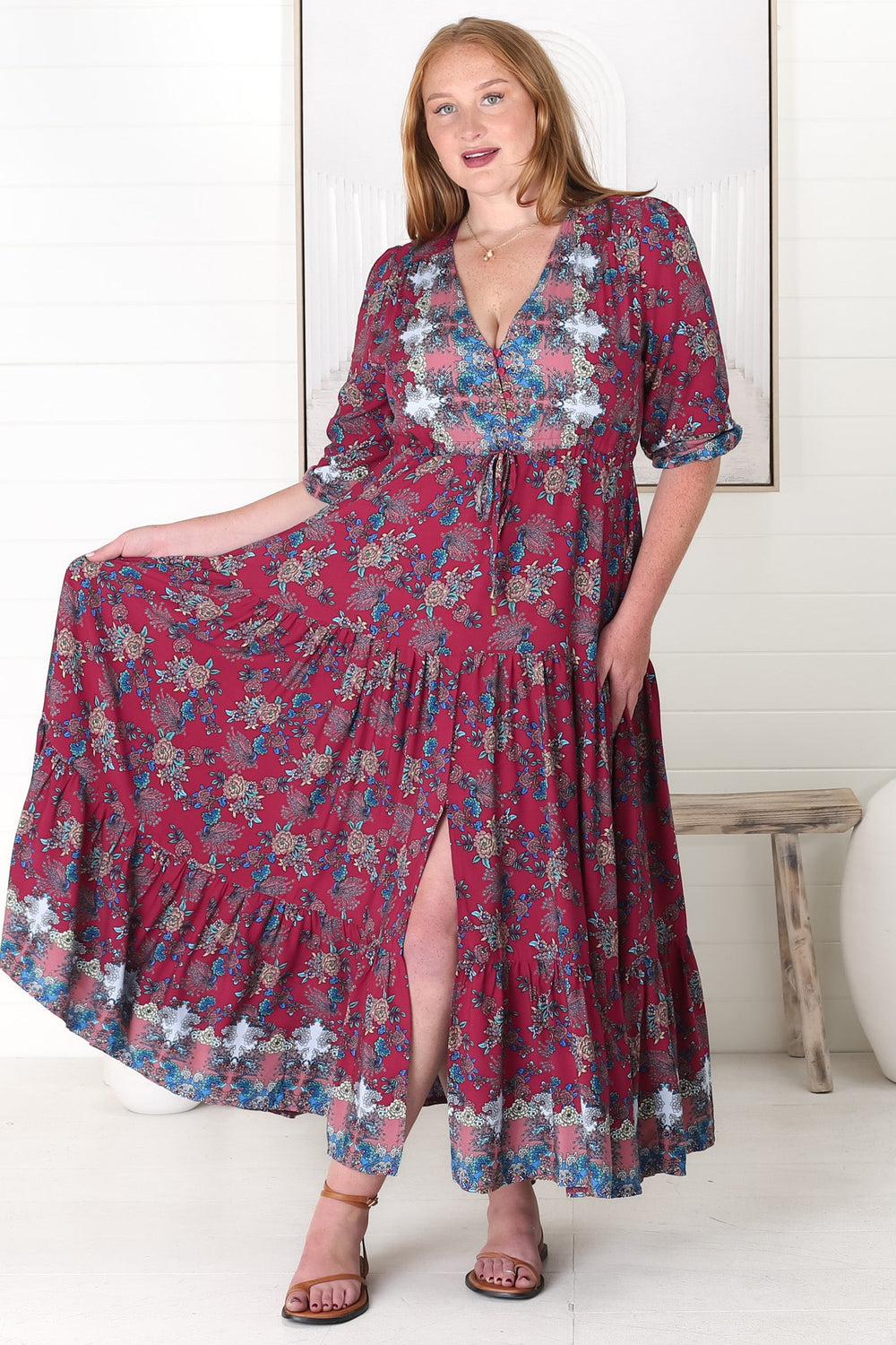 JAASE - Tessa Maxi Dress: A Line Pull Tie Waist Dress in Strawberry Kiss Print