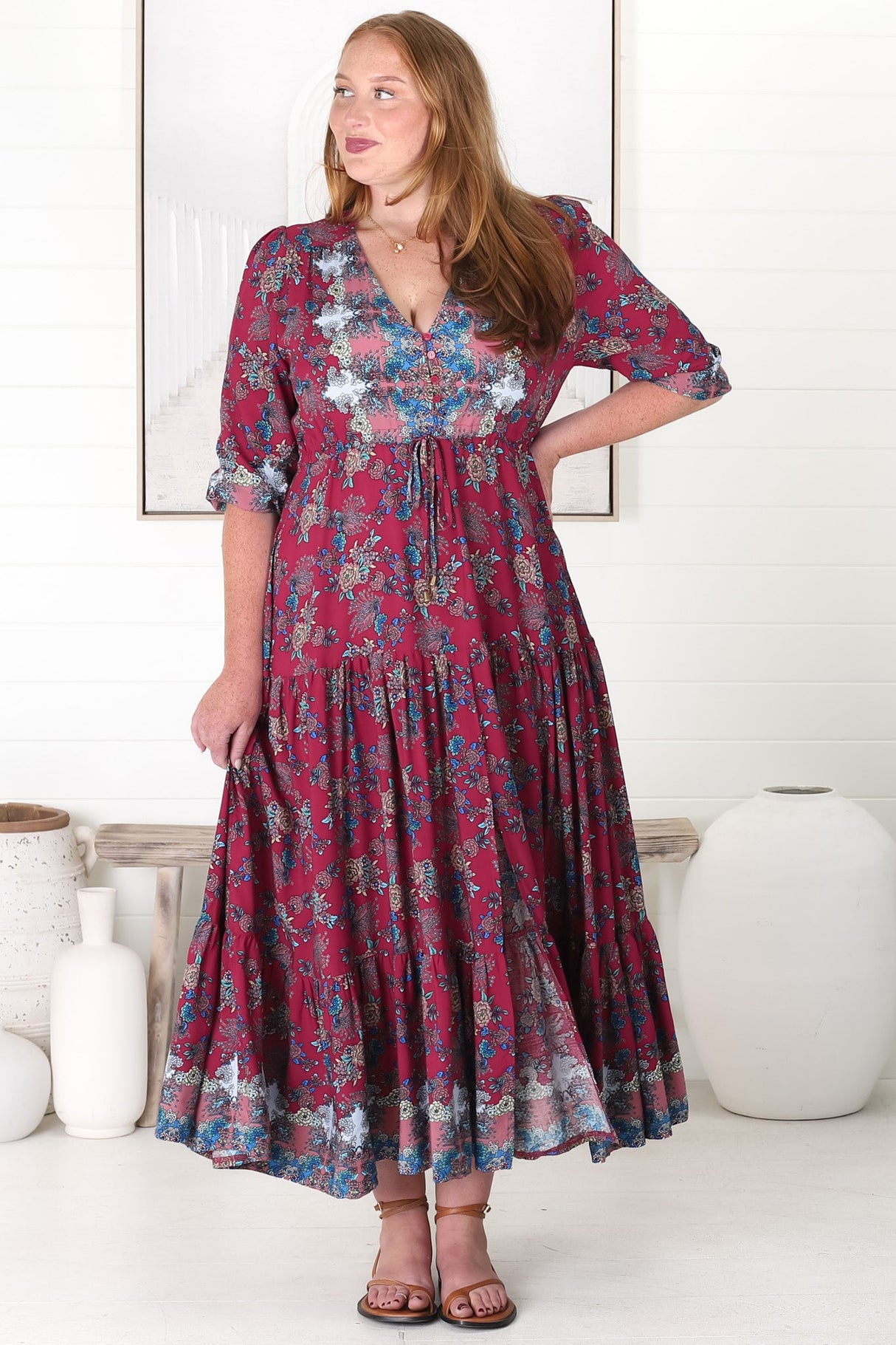 JAASE - Tessa Maxi Dress: A Line Pull Tie Waist Dress in Strawberry Kiss Print