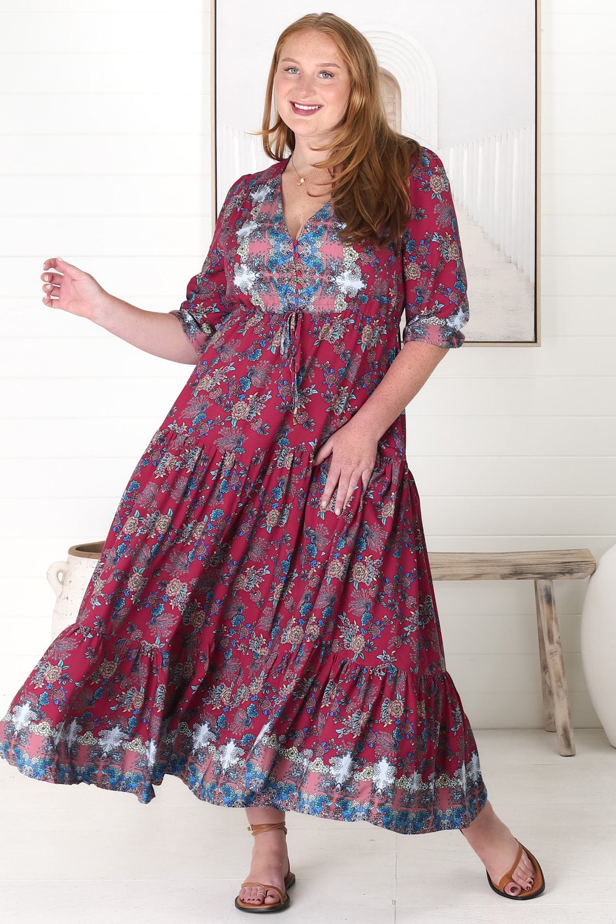 JAASE - Tessa Maxi Dress: A Line Pull Tie Waist Dress in Strawberry Kiss Print
